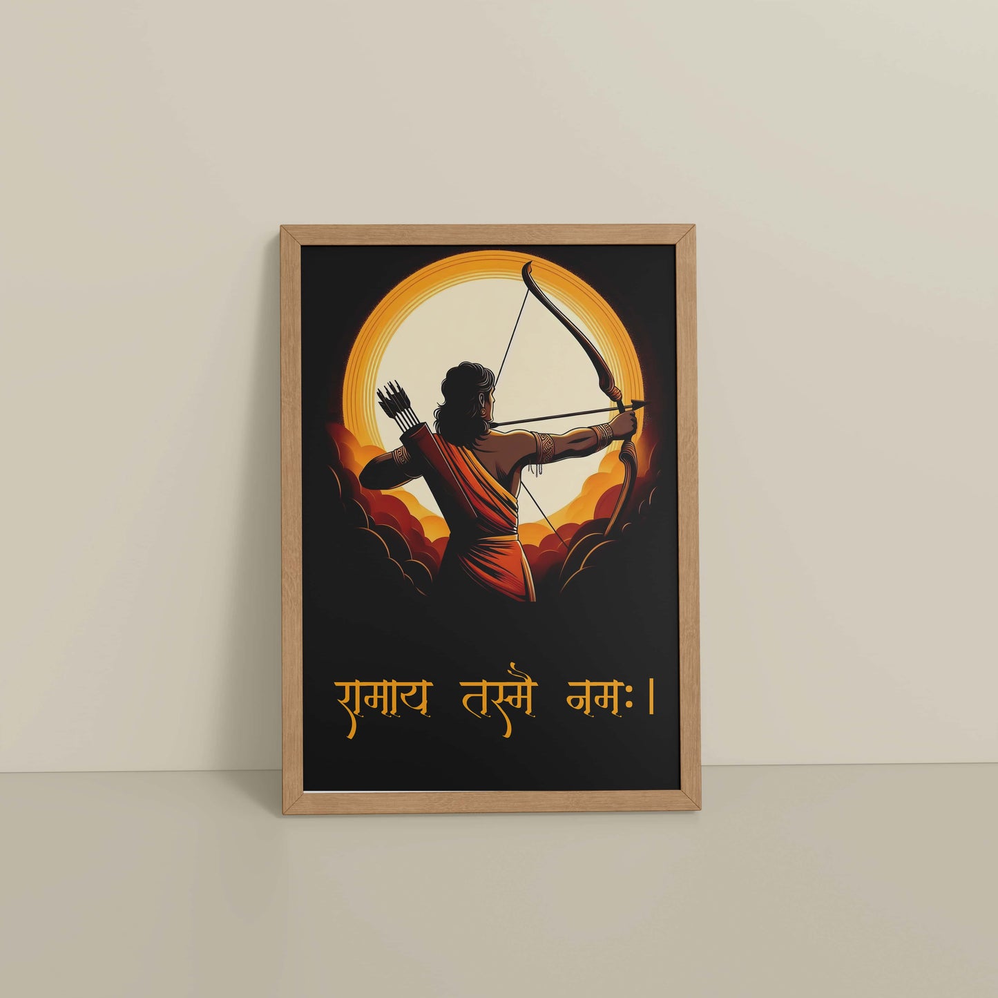 Floor View of Lord Ram with Sacred Bow – Devotional Wall Art in Natrual Color Frame