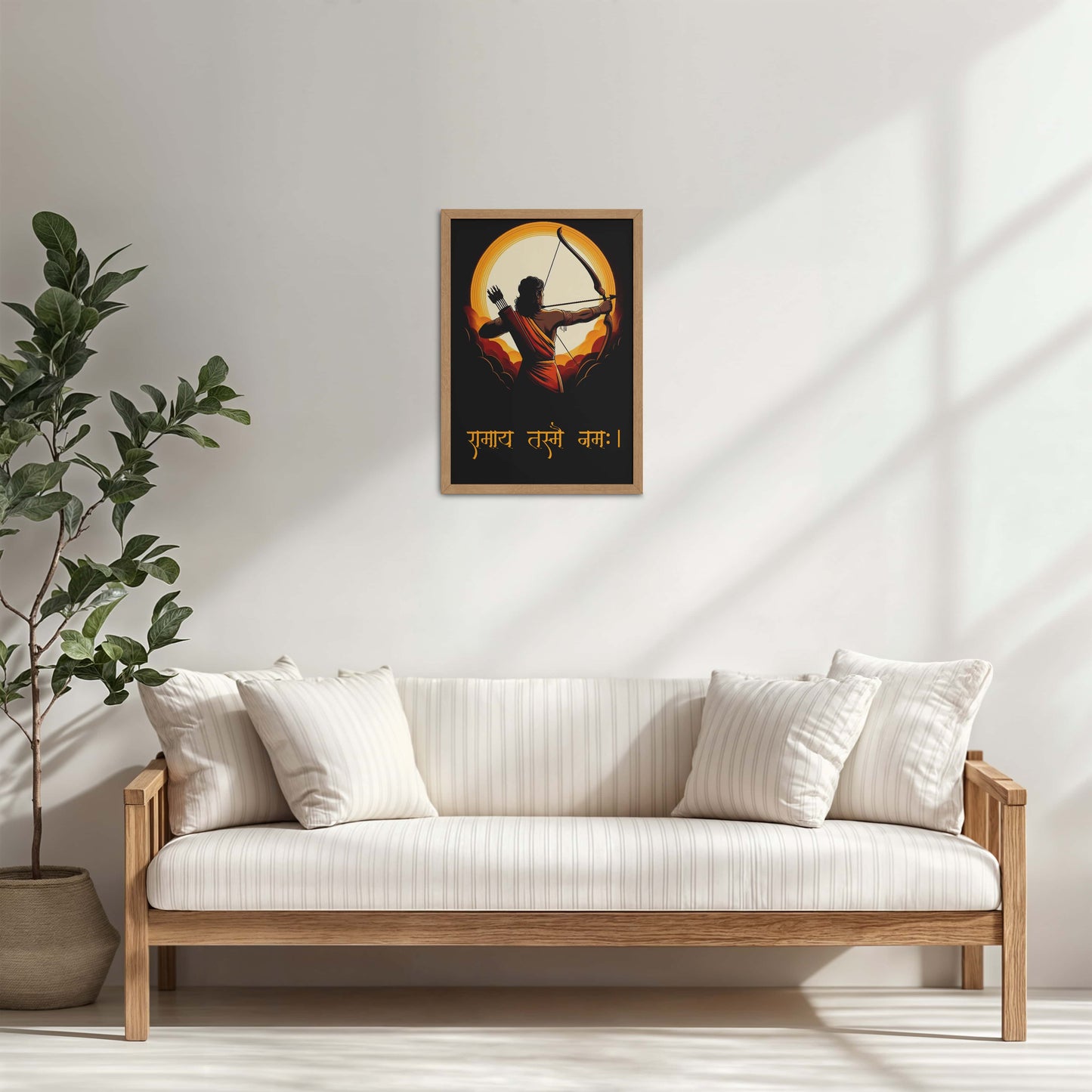 Living Room Cabinet Table Preview of Lord Ram with Sacred Bow – Devotional Wall Art in Natrual Color Frame