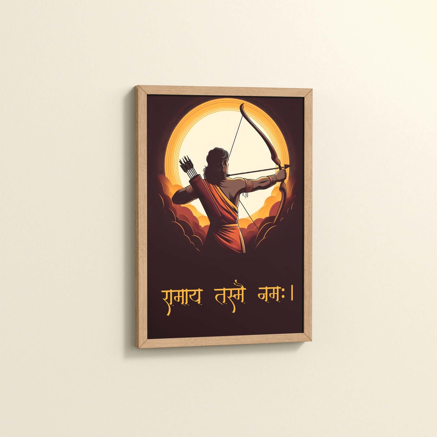 Side View of Lord Ram with Sacred Bow – Devotional Wall Art in Natrual Color Frame