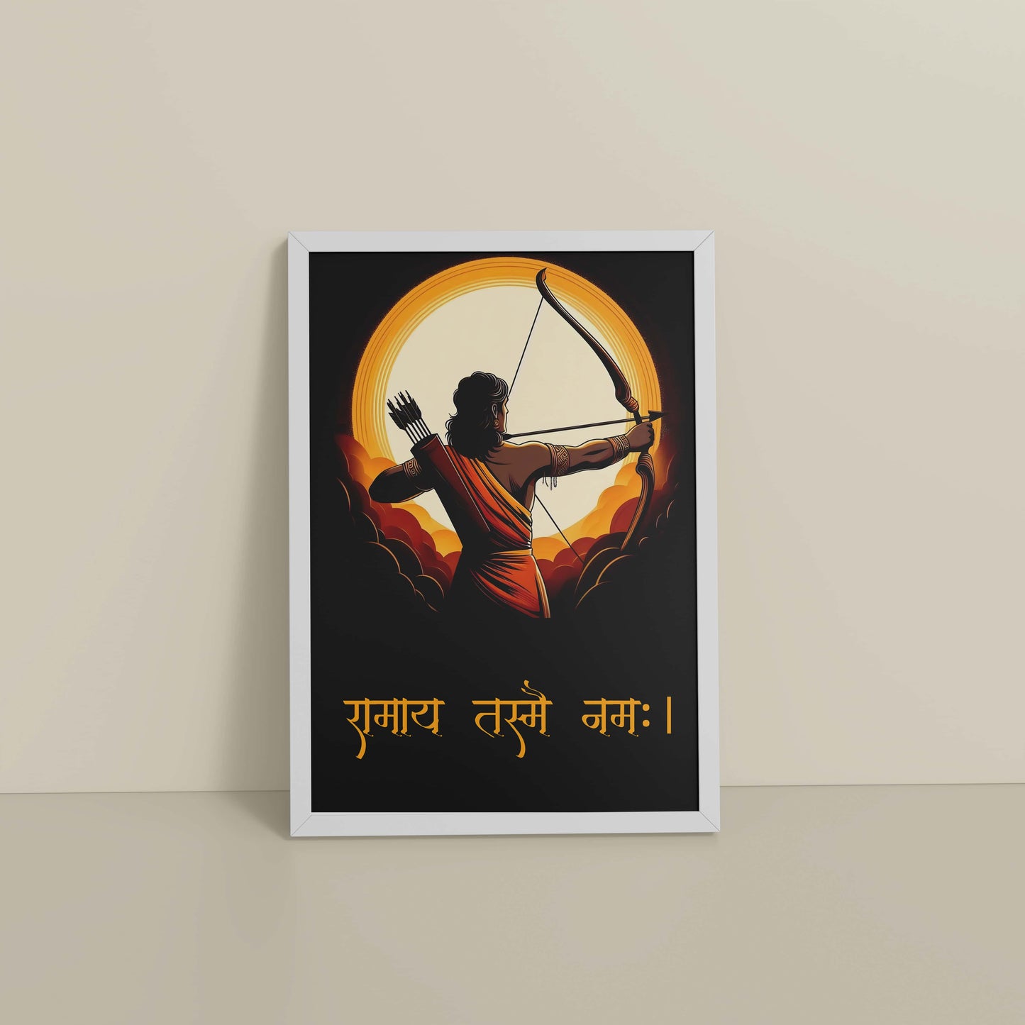 Floor View of Lord Ram with Sacred Bow – Devotional Wall Art in White Color Frame