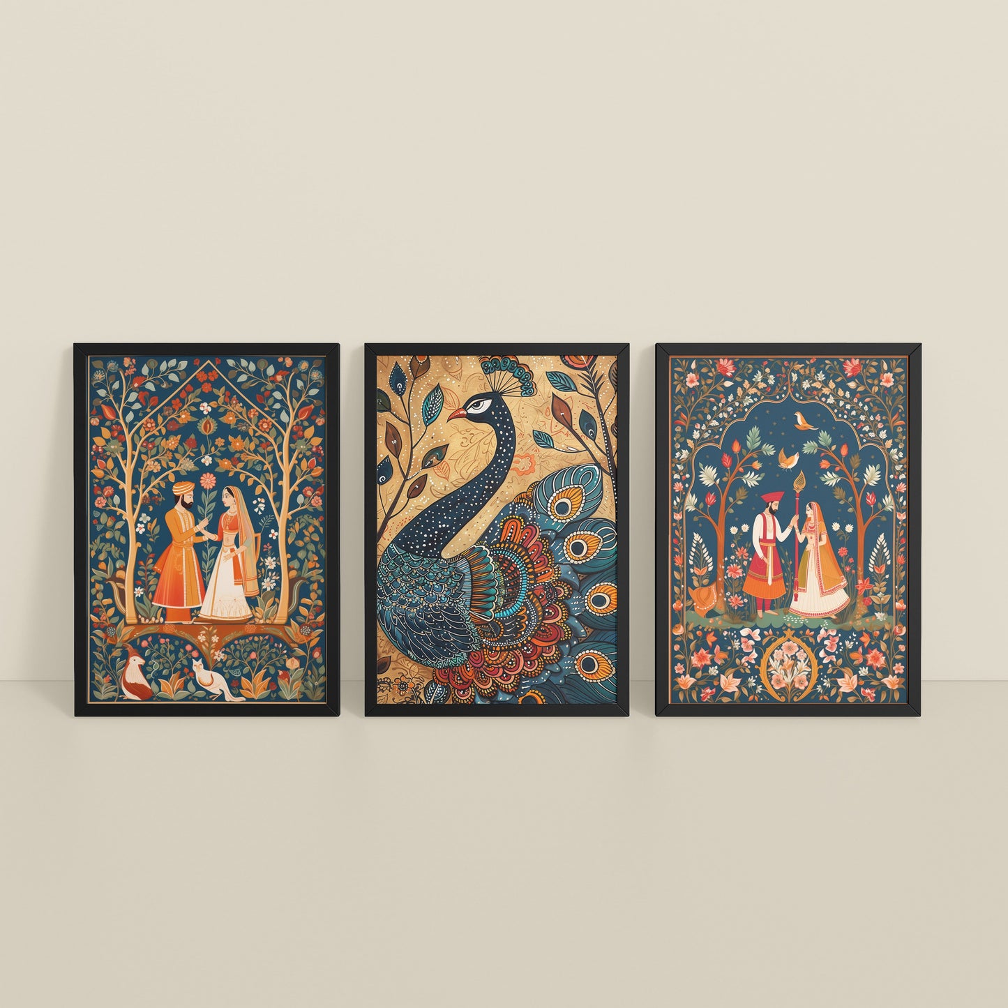 Inclined Floor View of Peacock Elegance & Raja Rani Madhubani Art Set of 3 Frames in Black Color Frame