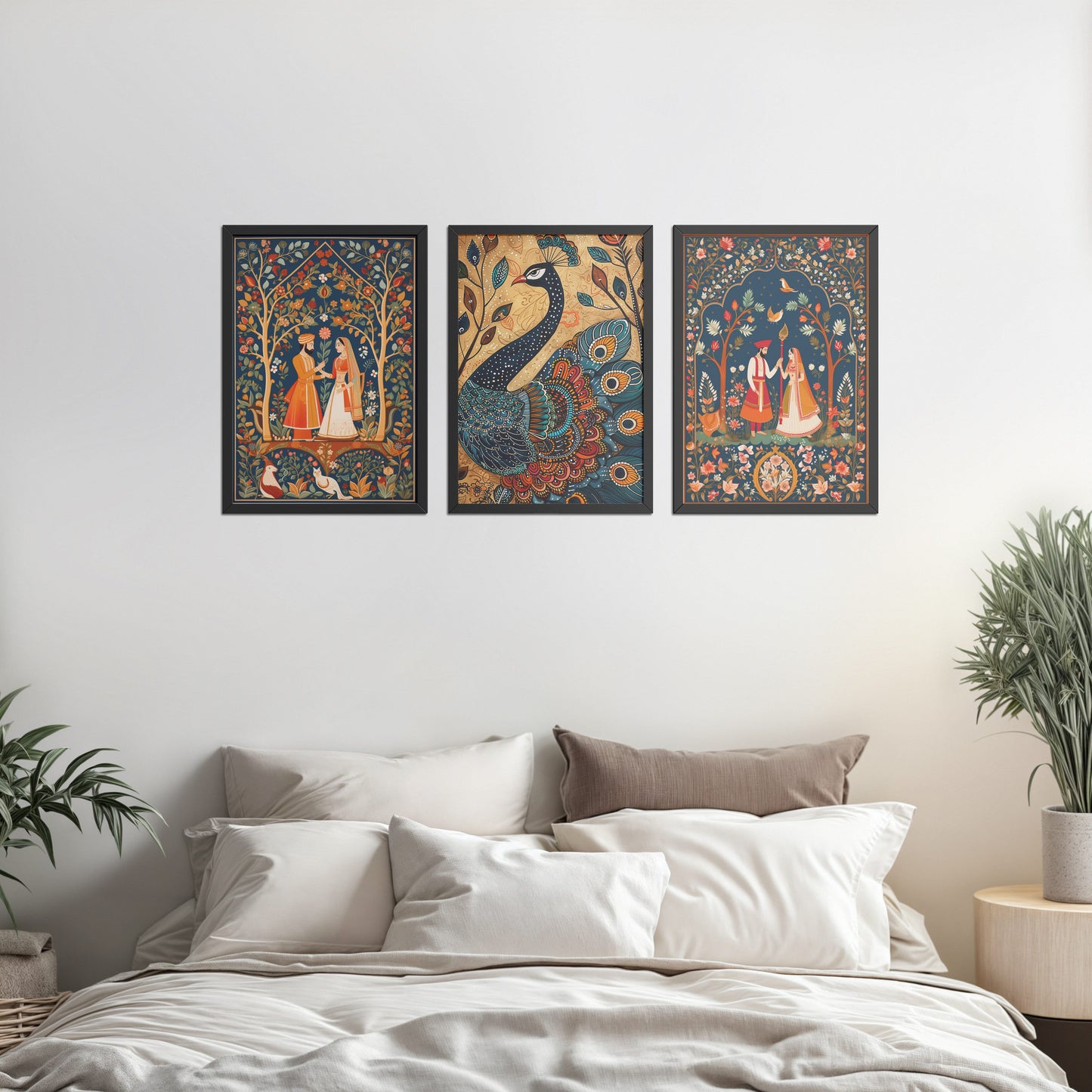 Bed Room Preview of Peacock Elegance & Raja Rani Madhubani Art Set of 3 Frames in Black Color Frame