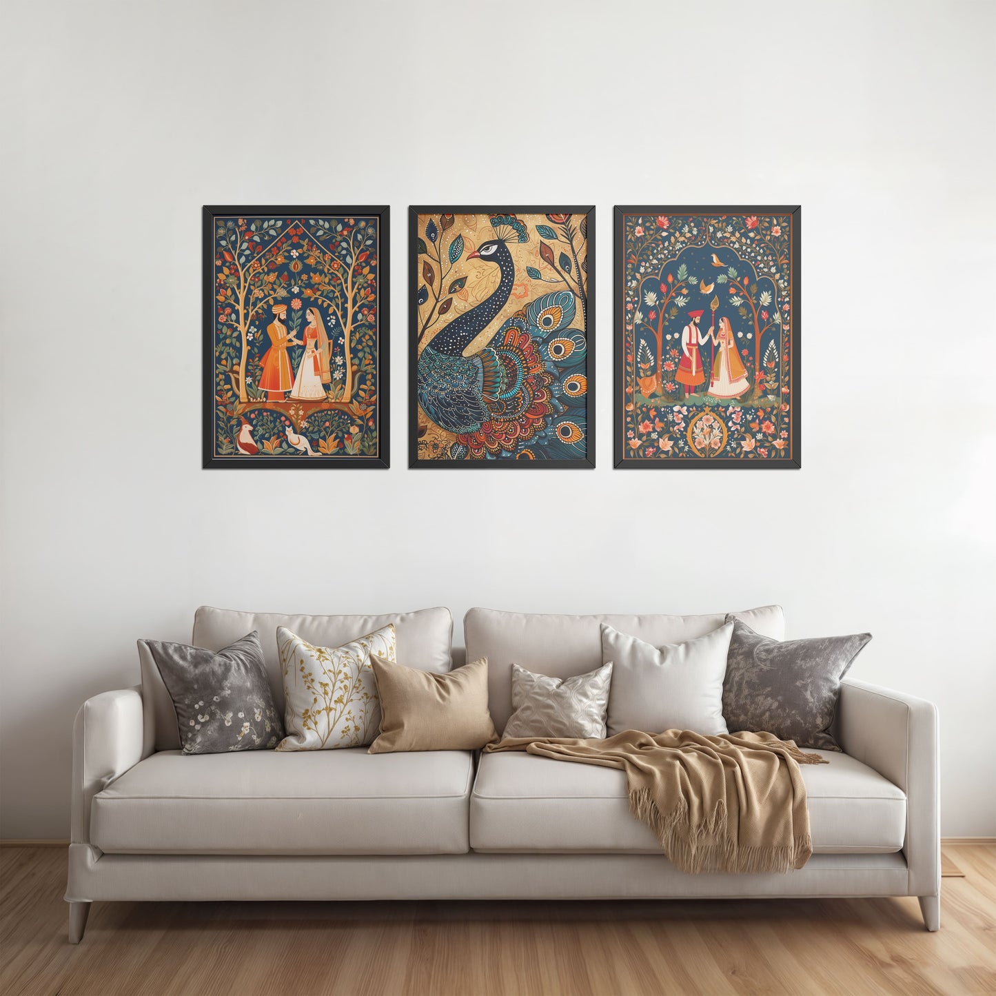 Living Room Sofa Preview of Peacock Elegance & Raja Rani Madhubani Art Set of 3 Frames in Black Color Frame