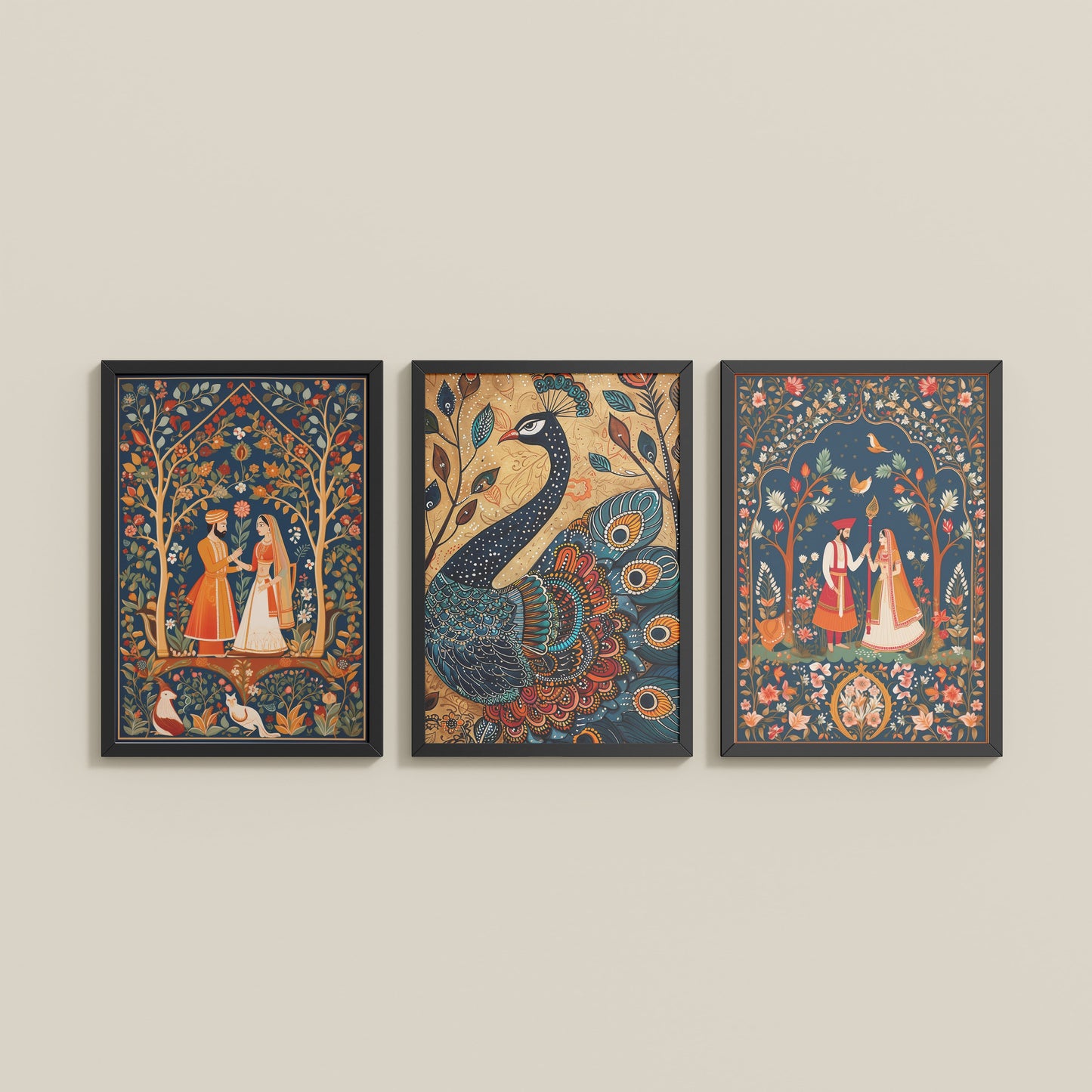 Wall View of Peacock Elegance & Raja Rani Madhubani Art Set of 3 Frames in Black Color Frame
