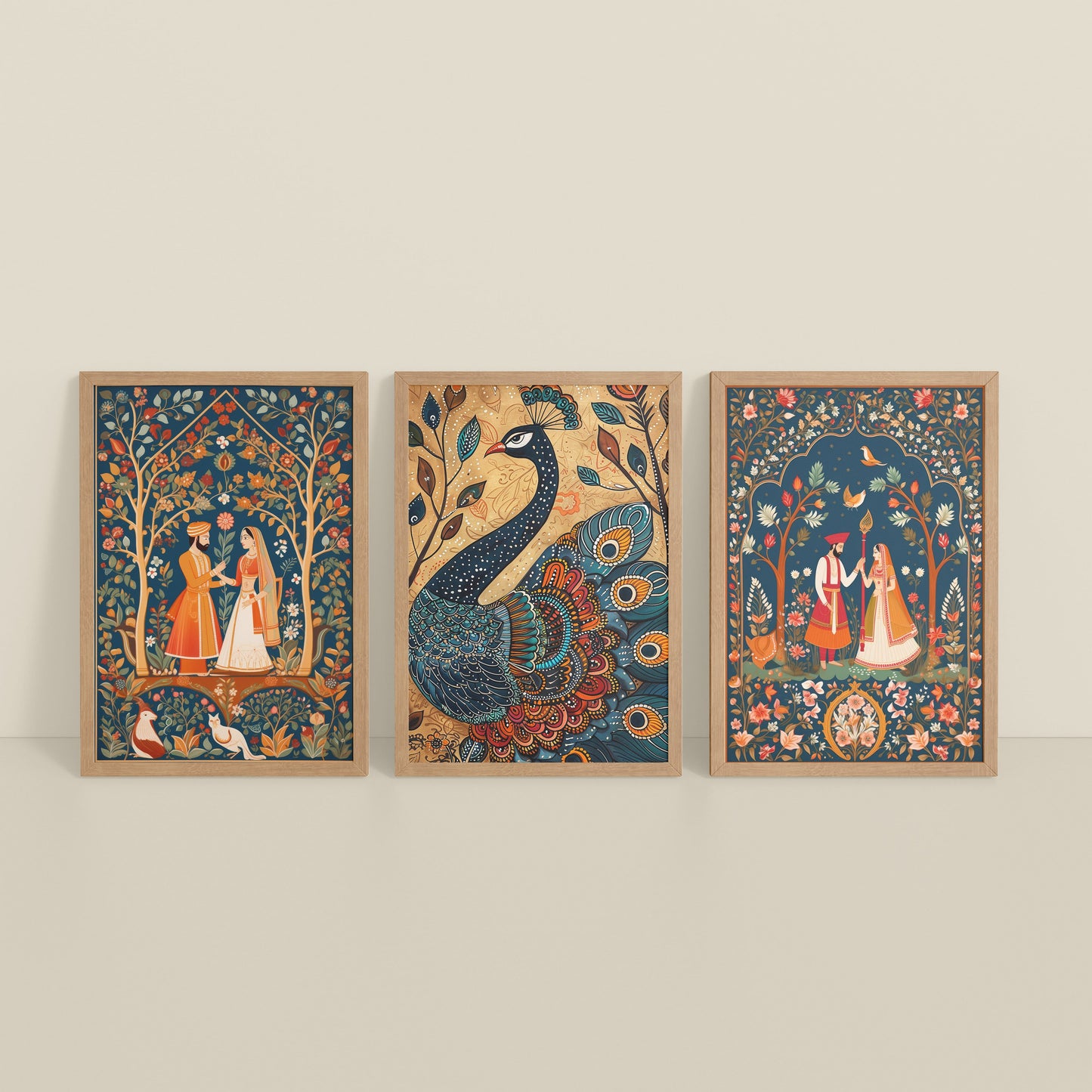 Inclined Floor View of Peacock Elegance & Raja Rani Madhubani Art Set of 3 Frames in Natrual Color Frame