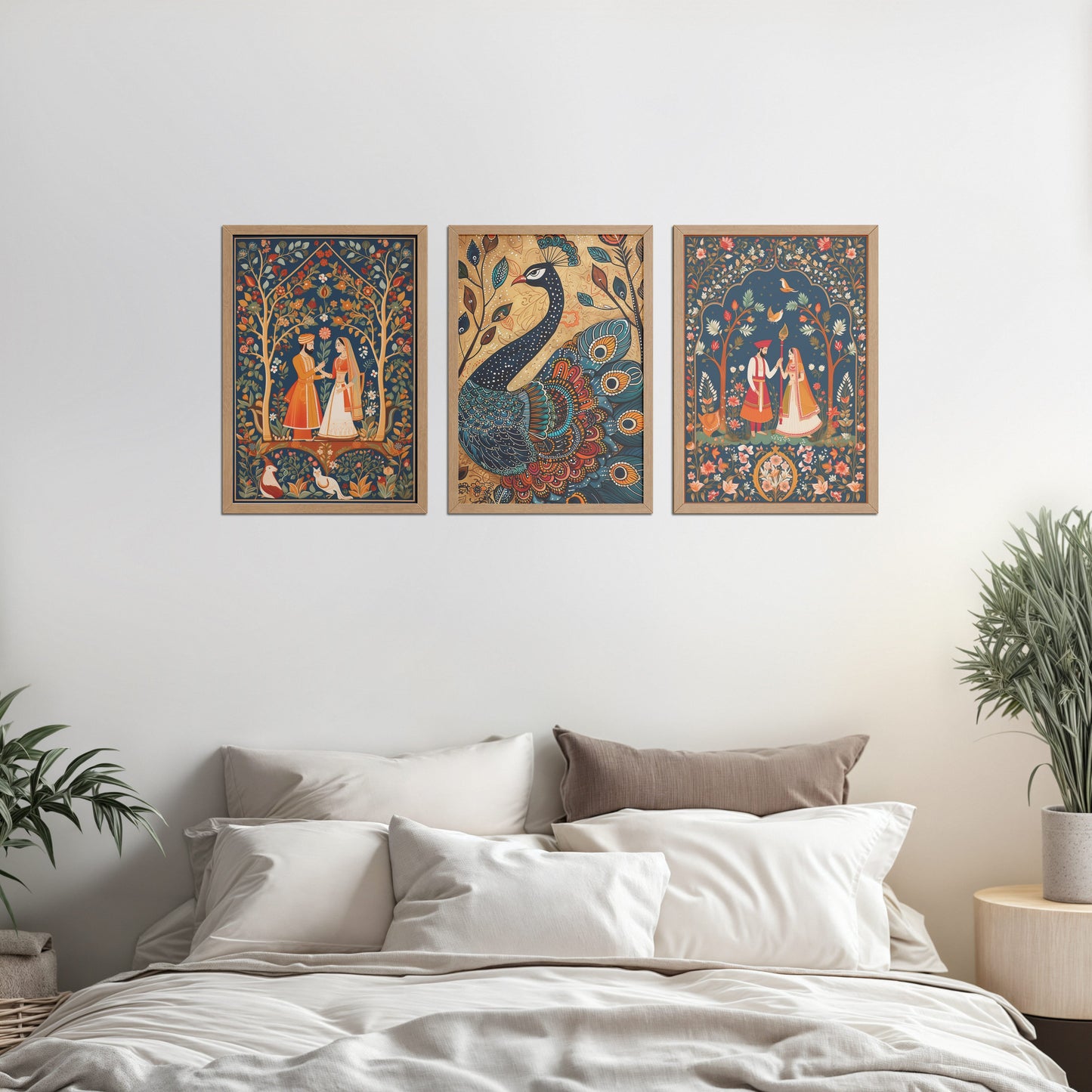 Bed Room Preview of Peacock Elegance & Raja Rani Madhubani Art Set of 3 Frames in Natrual Color Frame
