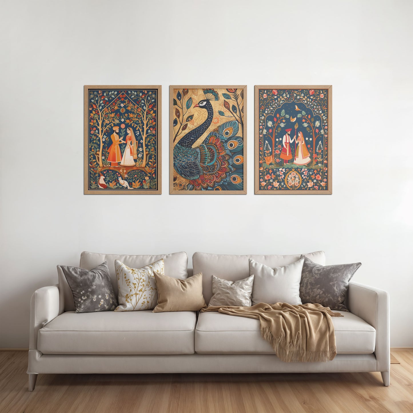 Living Room Sofa Preview of Peacock Elegance & Raja Rani Madhubani Art Set of 3 Frames in Natrual Color Frame