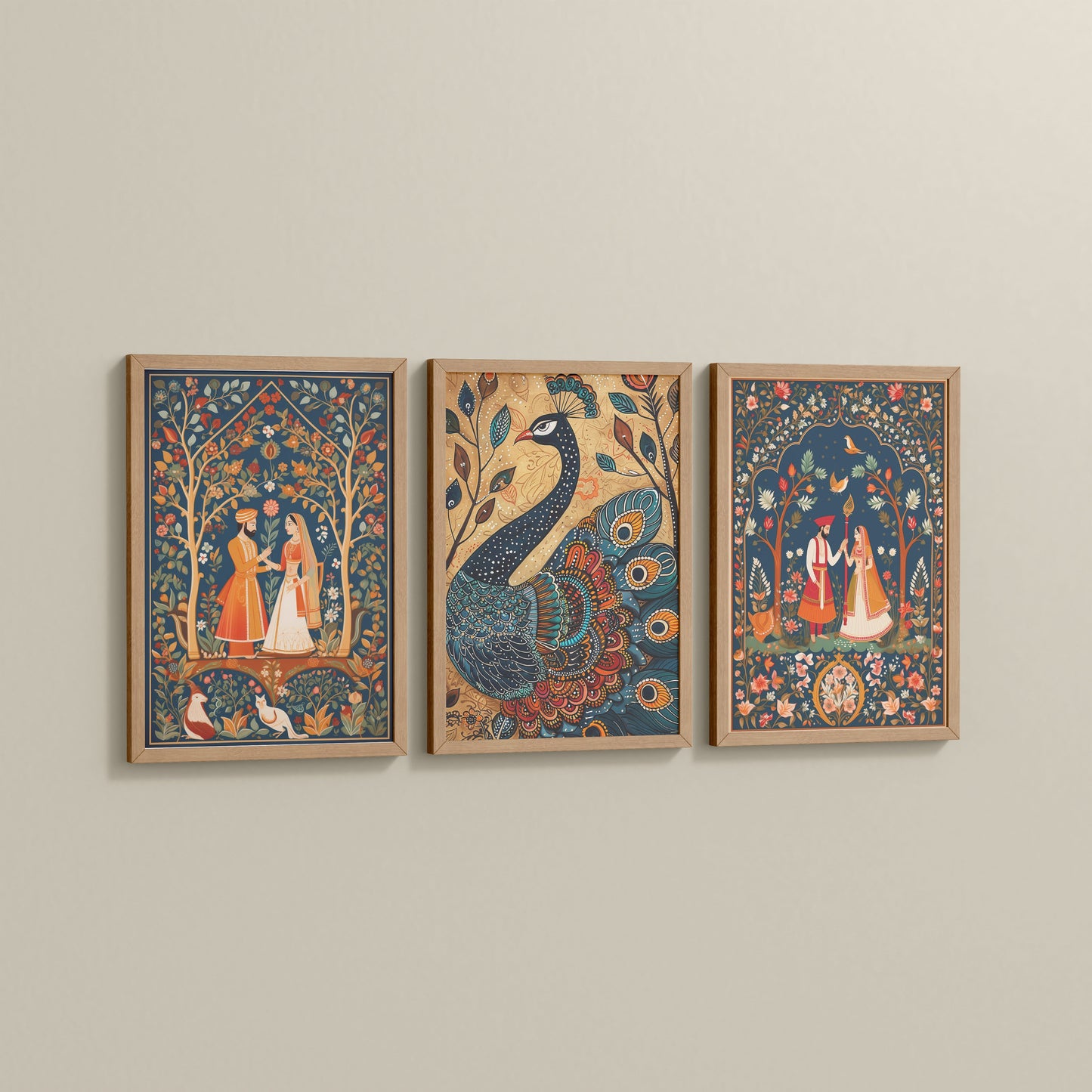 Side View of Peacock Elegance & Raja Rani Madhubani Art Set of 3 Frames in Natrual Color Frame