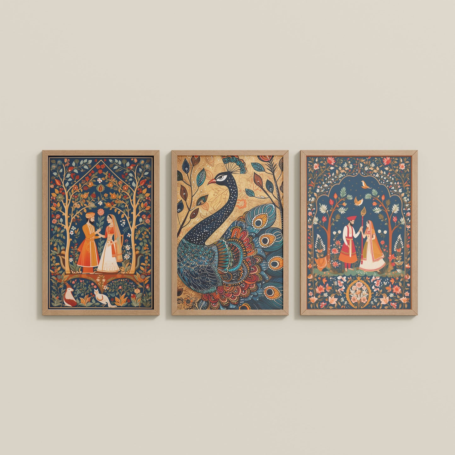Wall View of Peacock Elegance & Raja Rani Madhubani Art Set of 3 Frames in Natrual Color Frame