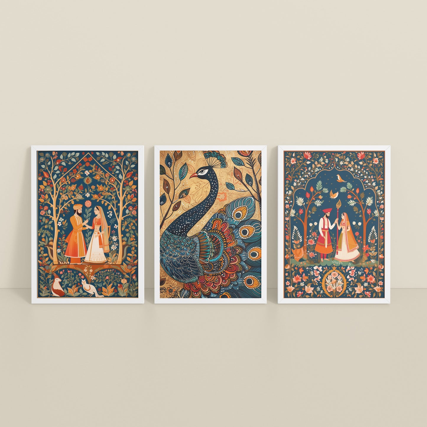 Inclined Floor View of Peacock Elegance & Raja Rani Madhubani Art Set of 3 Frames in White Color Frame