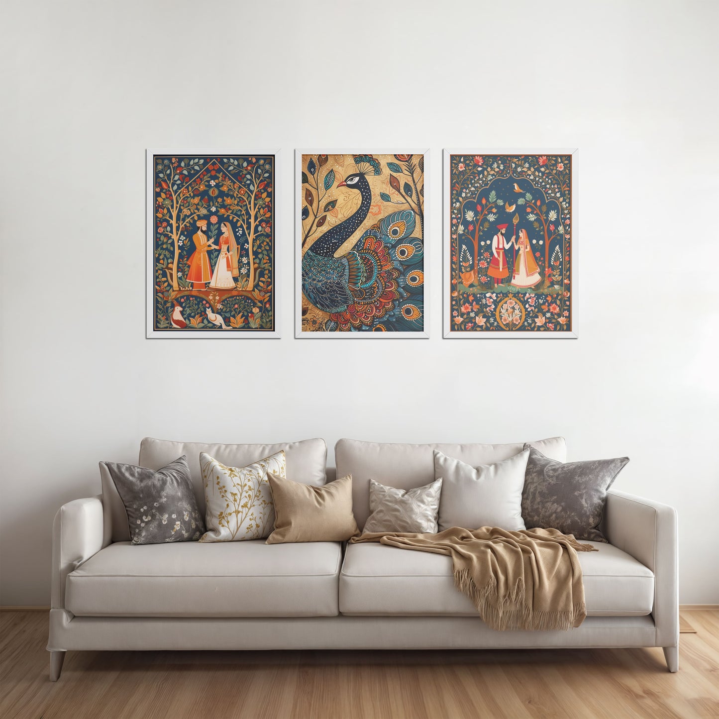 Living Room Sofa Preview of Peacock Elegance & Raja Rani Madhubani Art Set of 3 Frames in White Color Frame
