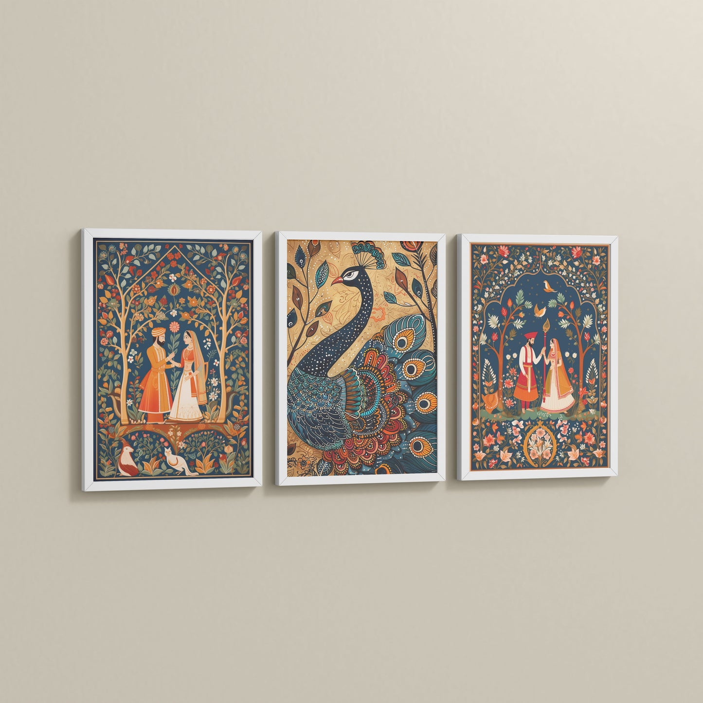 Side View of Peacock Elegance & Raja Rani Madhubani Art Set of 3 Frames in White Color Frame