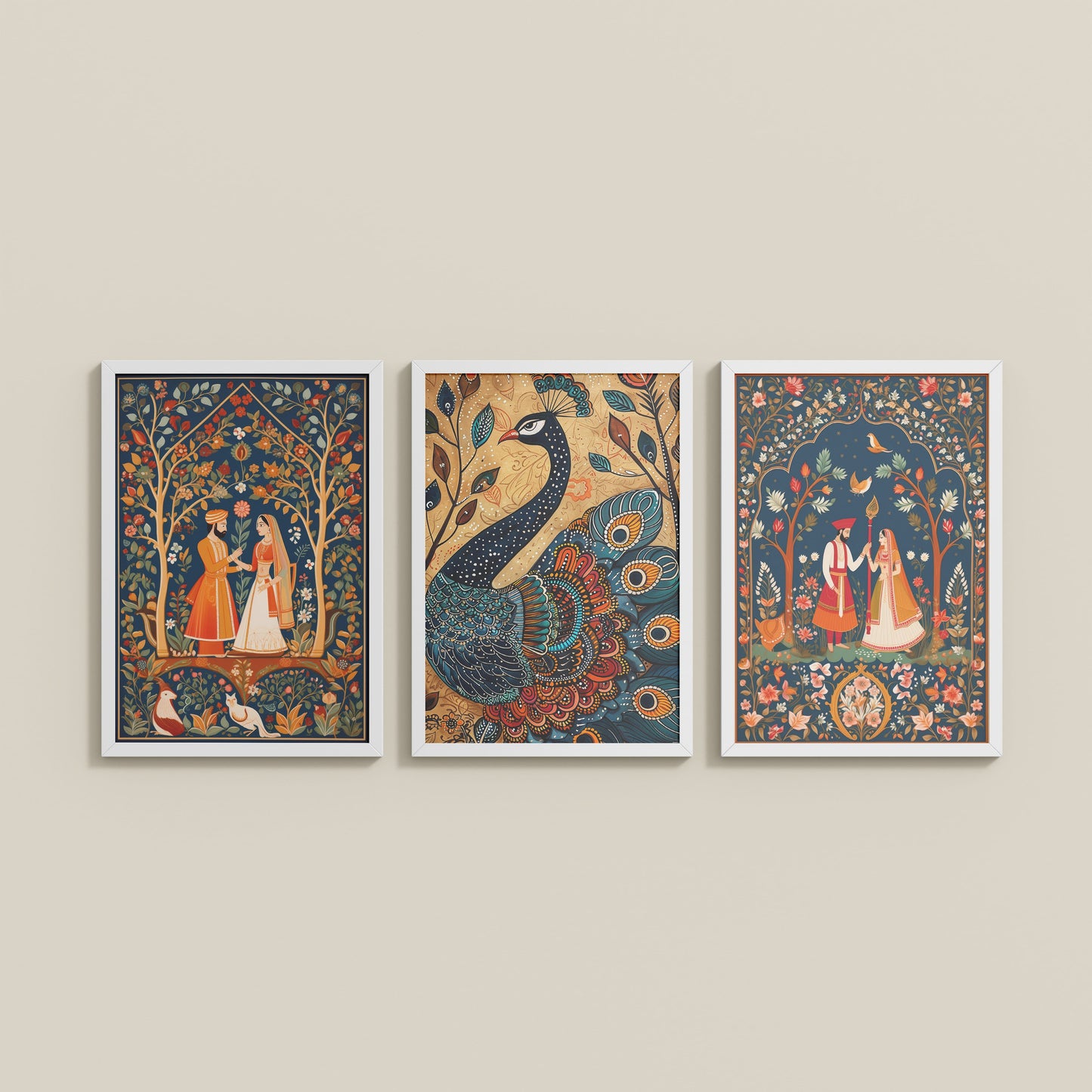 Wall View of Peacock Elegance & Raja Rani Madhubani Art Set of 3 Frames in White Color Frame