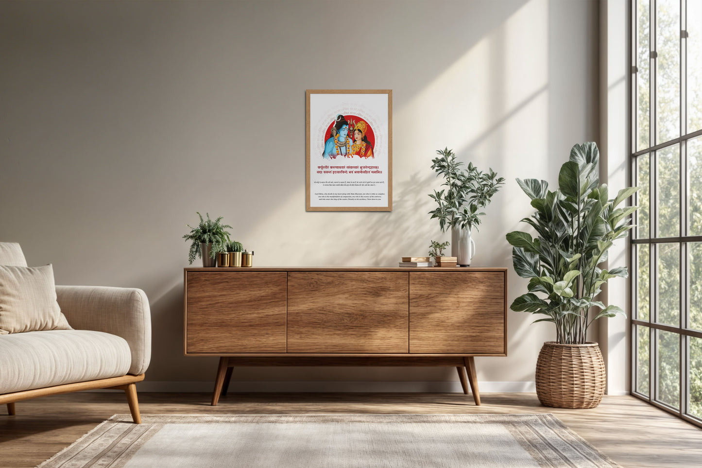 Living Room Cabinet Preview of Divine Power – Mahadev with Sacred Trishul Wall Art in Natrual Color Frame