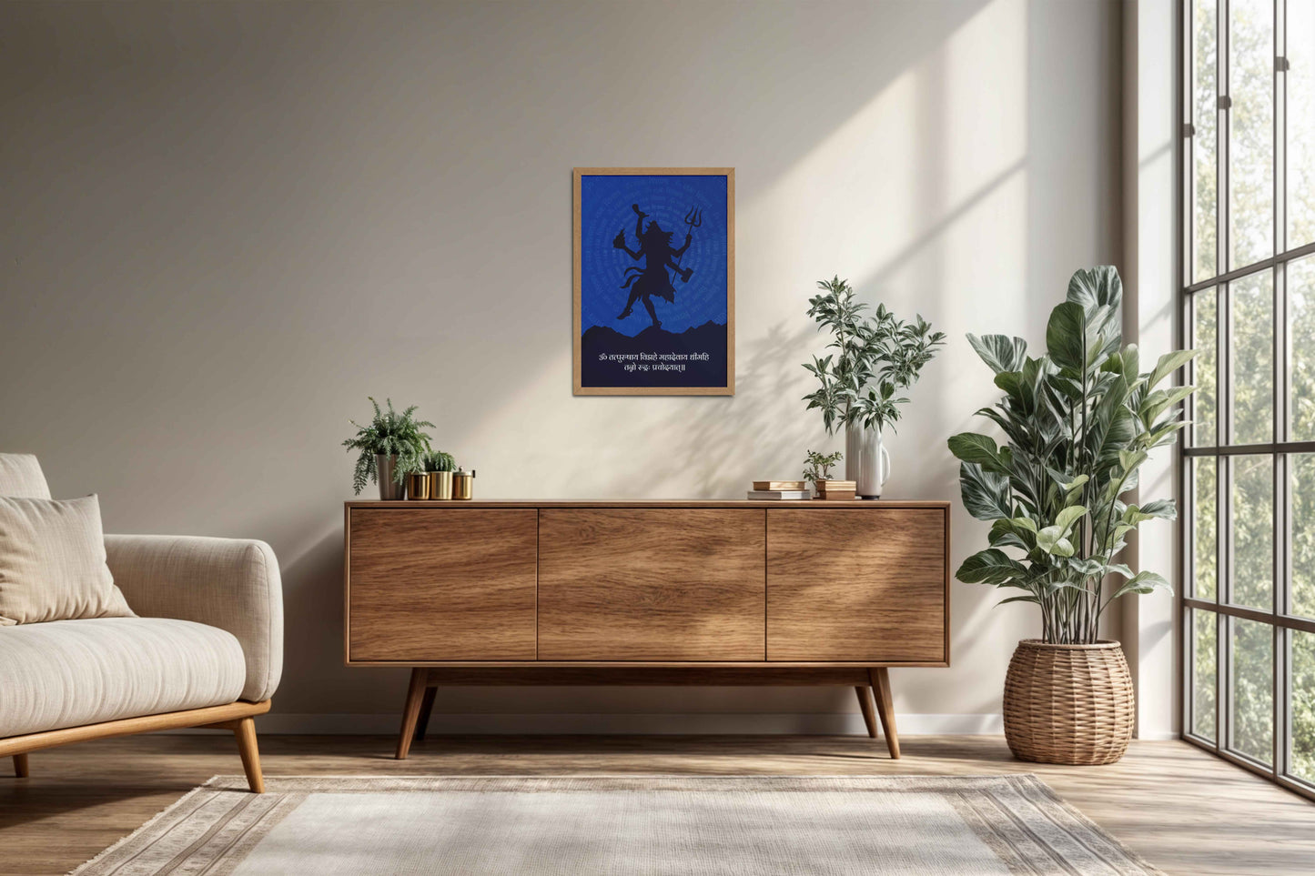 Living Room Cabinet Preview of Om Tryambakam Mahadev Mantra Spiritual Wall Frame in Natrual Color Frame
