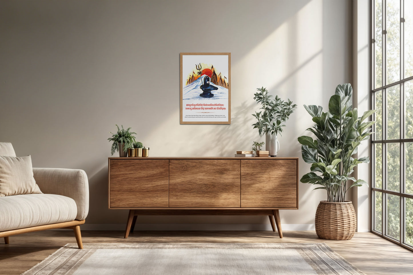 Living Room Cabinet Preview of Divine Family – Lord Shiva, Parvatimata, Ganesha & Kartikeya Wall Art in Natrual Color Frame