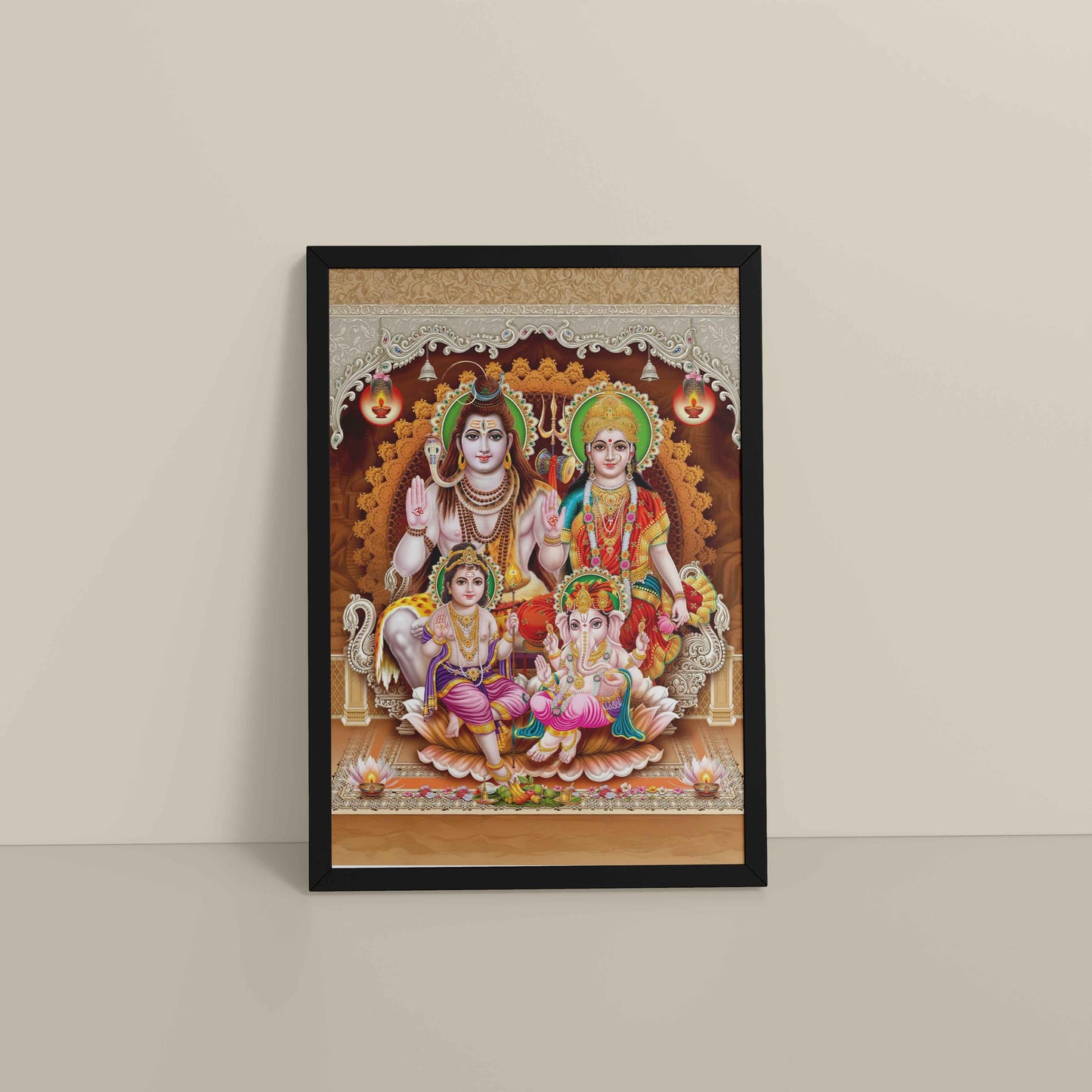 Floor View of Sacred Presence – Lord Shiva’s Divine Family in the Himalayas Wall Art in Black Color Frame