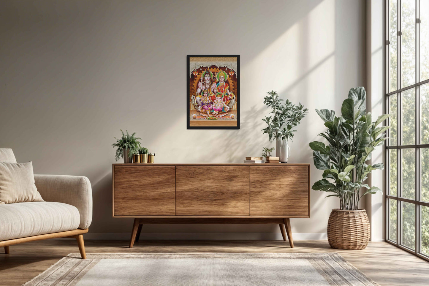 Living Room Cabinet Preview of Sacred Presence – Lord Shiva’s Divine Family in the Himalayas Wall Art in Black Color Frame