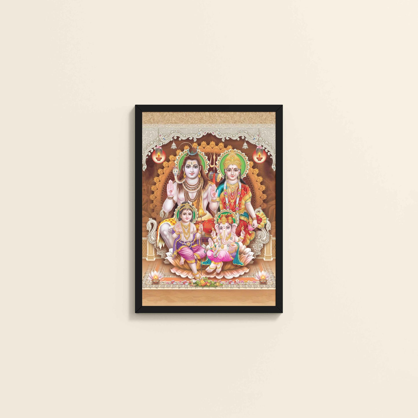 Wall View of Sacred Presence – Lord Shiva’s Divine Family in the Himalayas Wall Art in Black Color Frame