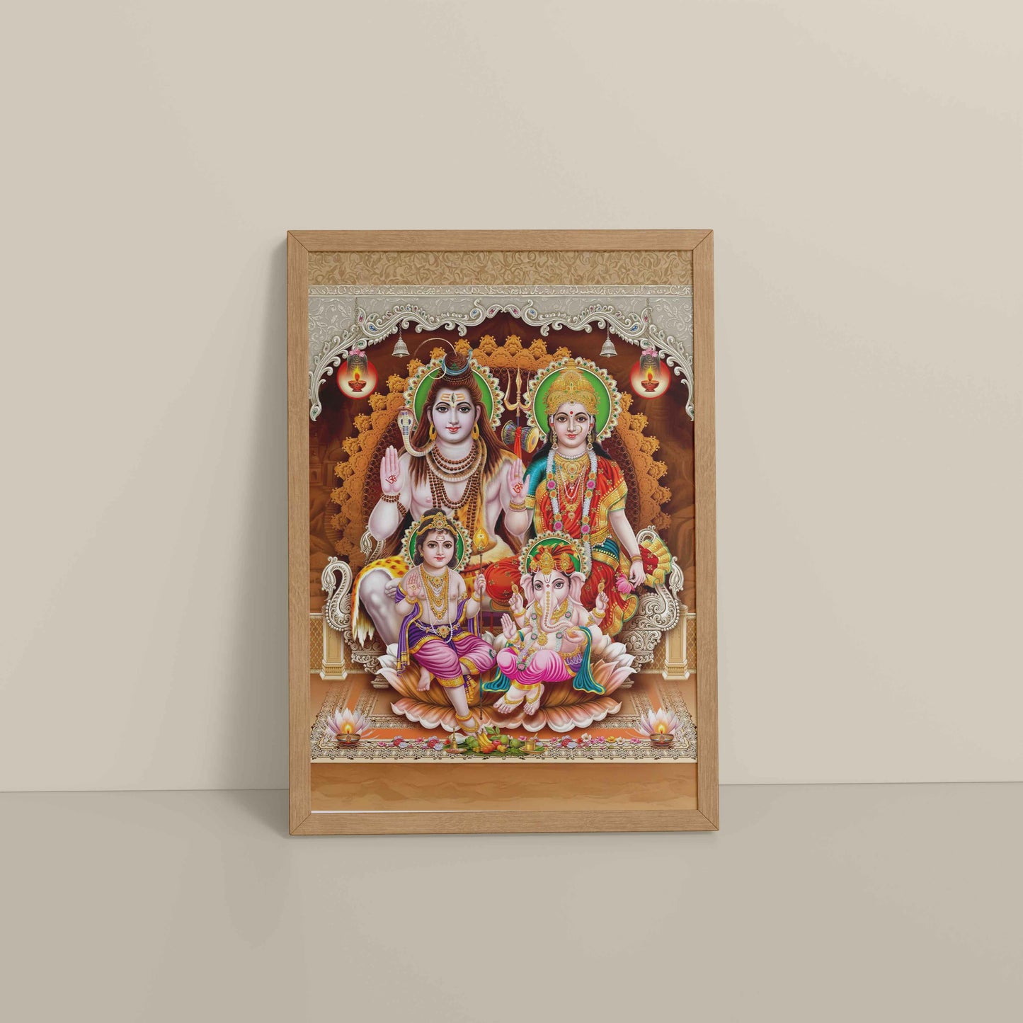 Floor View of Sacred Presence – Lord Shiva’s Divine Family in the Himalayas Wall Art in Natrual Color Frame