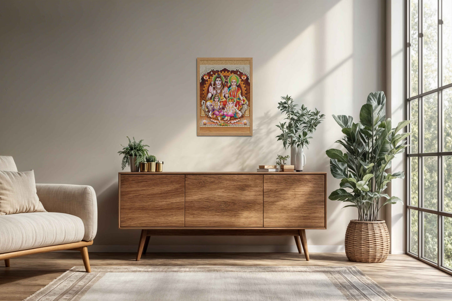 Living Room Cabinet Preview of Sacred Presence – Lord Shiva’s Divine Family in the Himalayas Wall Art in Natrual Color Frame