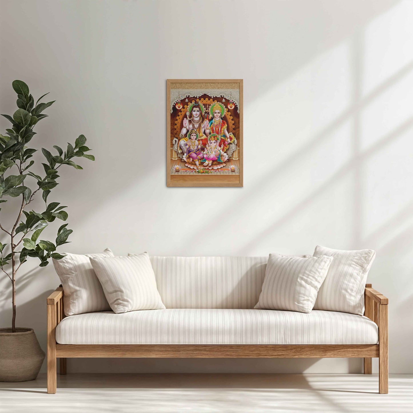 Living Room Cabinet Table Preview of Sacred Presence – Lord Shiva’s Divine Family in the Himalayas Wall Art in Natrual Color Frame