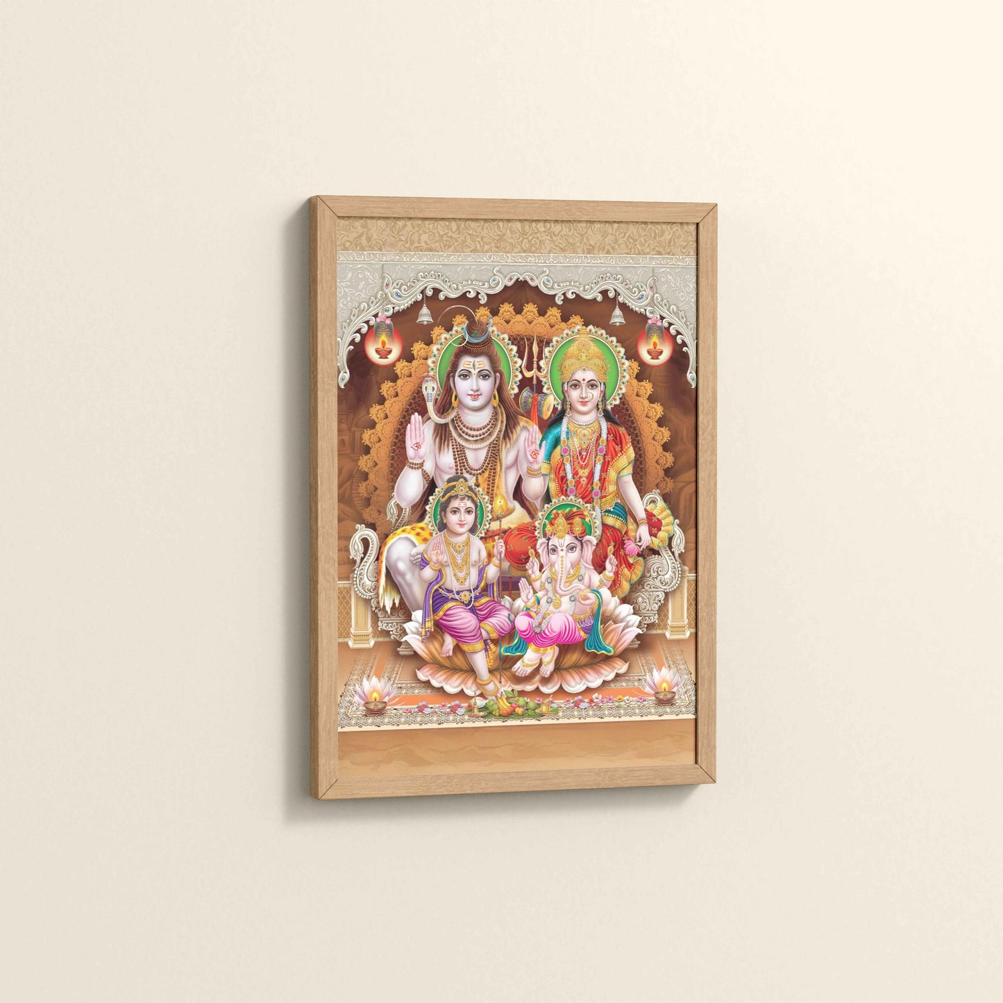 Side View of Sacred Presence – Lord Shiva’s Divine Family in the Himalayas Wall Art in Natrual Color Frame