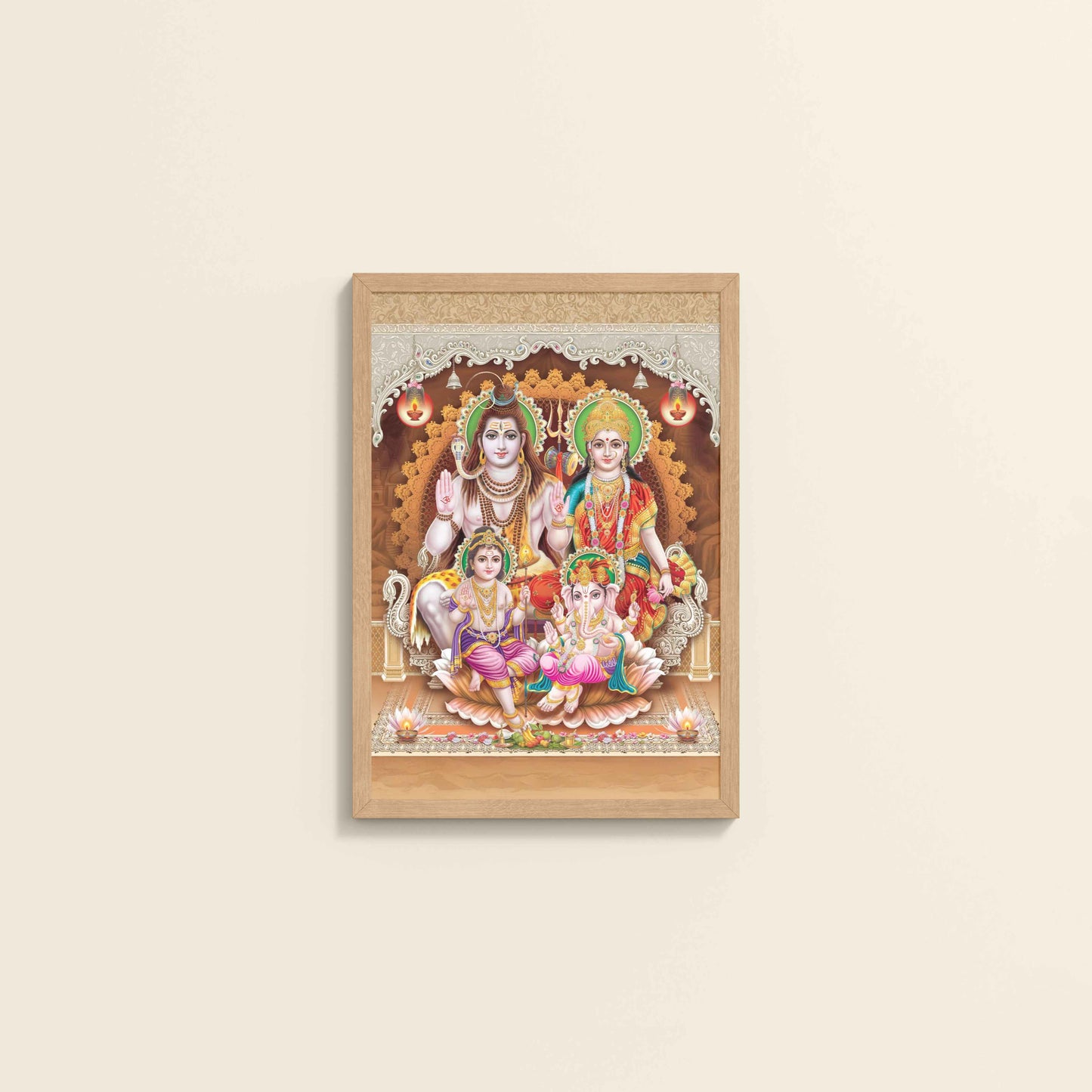 Wall View of Sacred Presence – Lord Shiva’s Divine Family in the Himalayas Wall Art in Natrual Color Frame