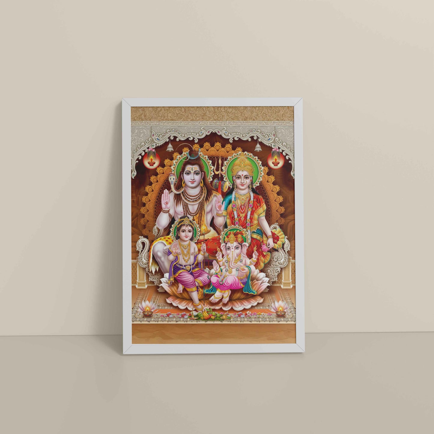 Floor View of Sacred Presence – Lord Shiva’s Divine Family in the Himalayas Wall Art in White Color Frame