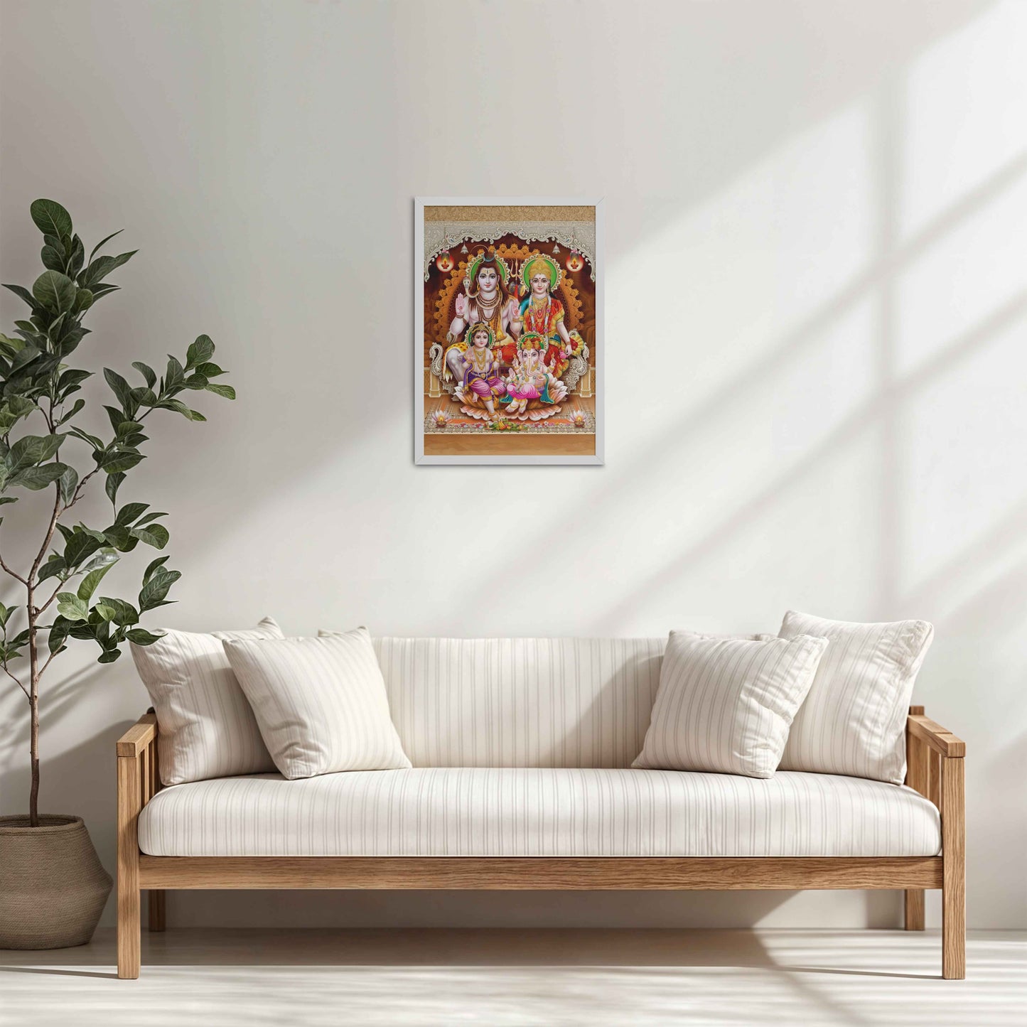 Living Room Cabinet Table Preview of Sacred Presence – Lord Shiva’s Divine Family in the Himalayas Wall Art in White Color Frame