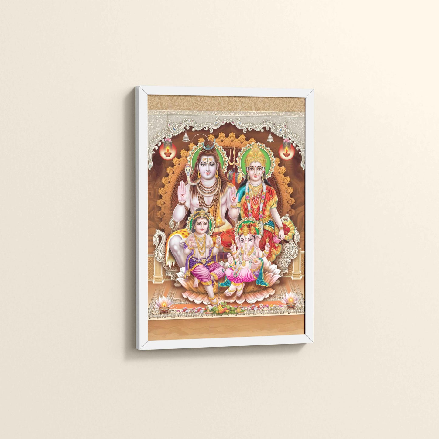 Side View of Sacred Presence – Lord Shiva’s Divine Family in the Himalayas Wall Art in White Color Frame