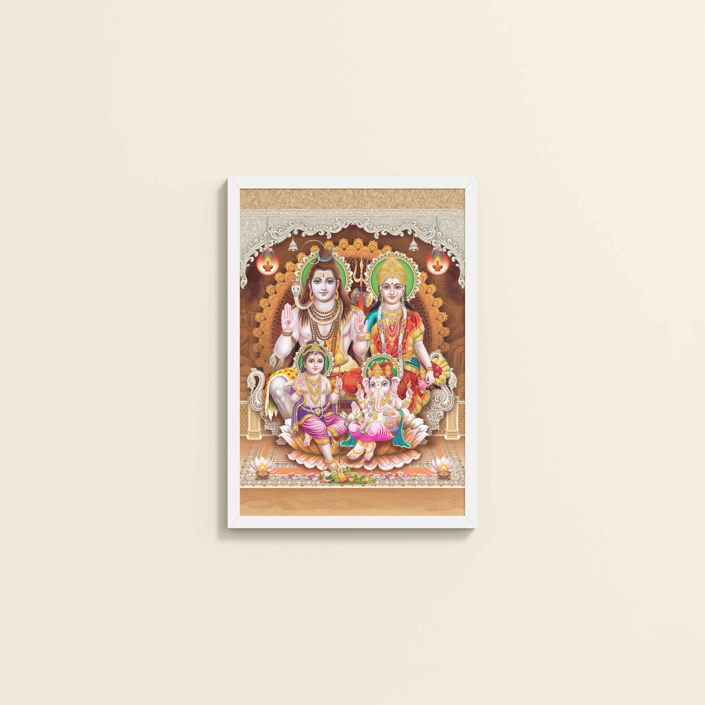 Wall View of Sacred Presence – Lord Shiva’s Divine Family in the Himalayas Wall Art in White Color Frame