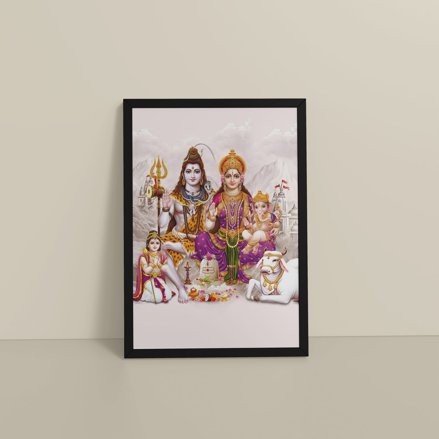 Floor View of Sacred Union – Divine Family Seated on Nandi Wall Art in Black Color Frame