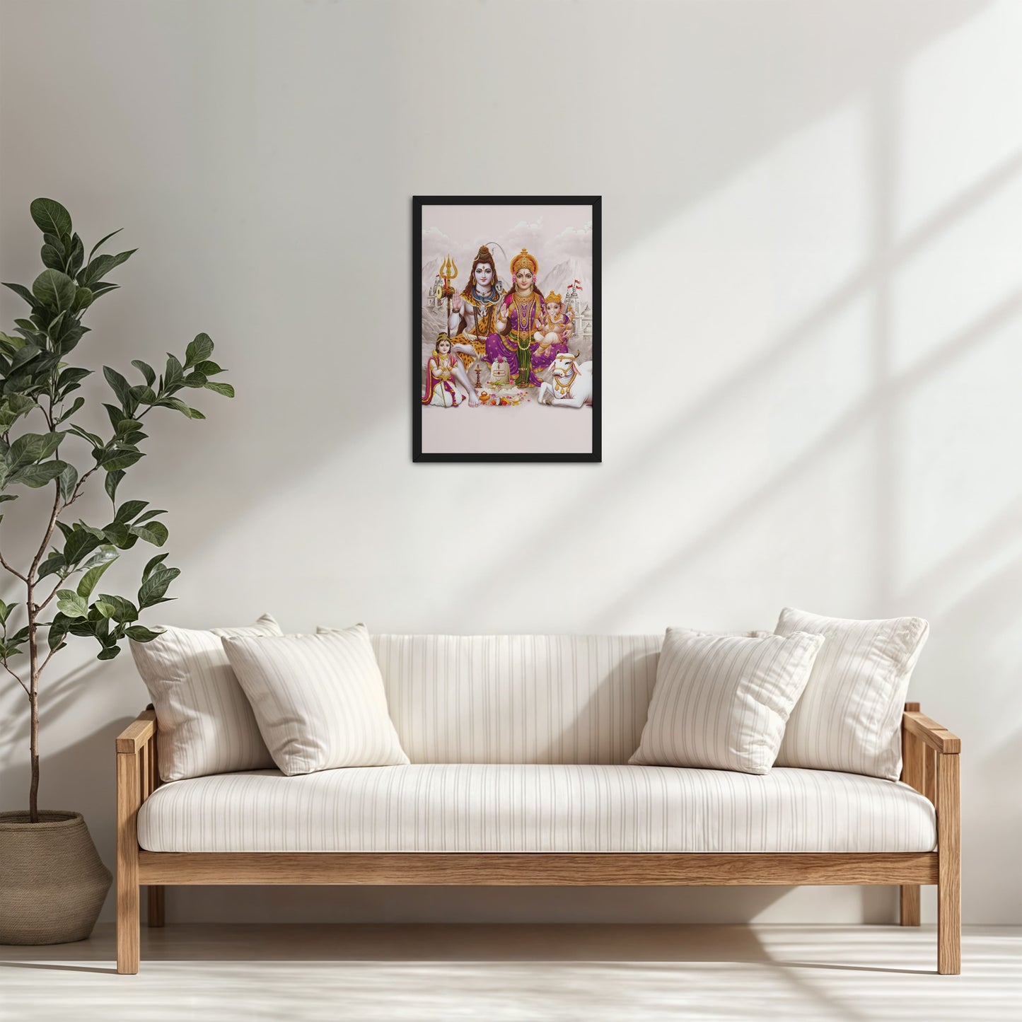 Living Room Cabinet Table Preview of Sacred Union – Divine Family Seated on Nandi Wall Art in Black Color Frame