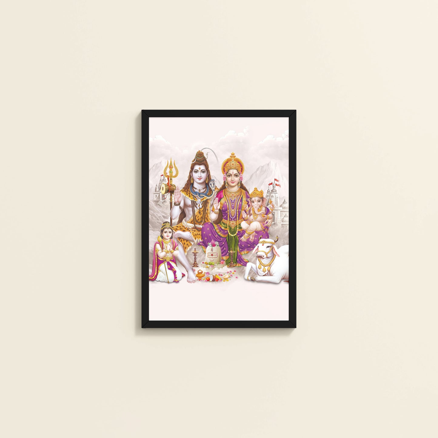 Wall View of Sacred Union – Divine Family Seated on Nandi Wall Art in Black Color Frame