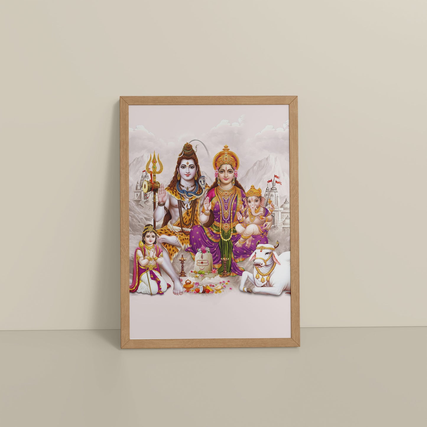 Floor View of Sacred Union – Divine Family Seated on Nandi Wall Art in Natrual Color Frame