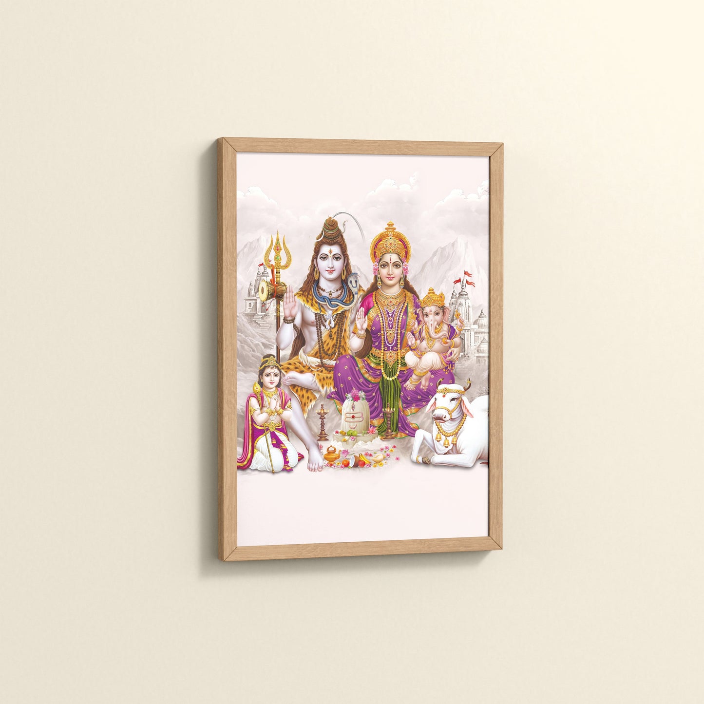 Side View of Sacred Union – Divine Family Seated on Nandi Wall Art in Natrual Color Frame