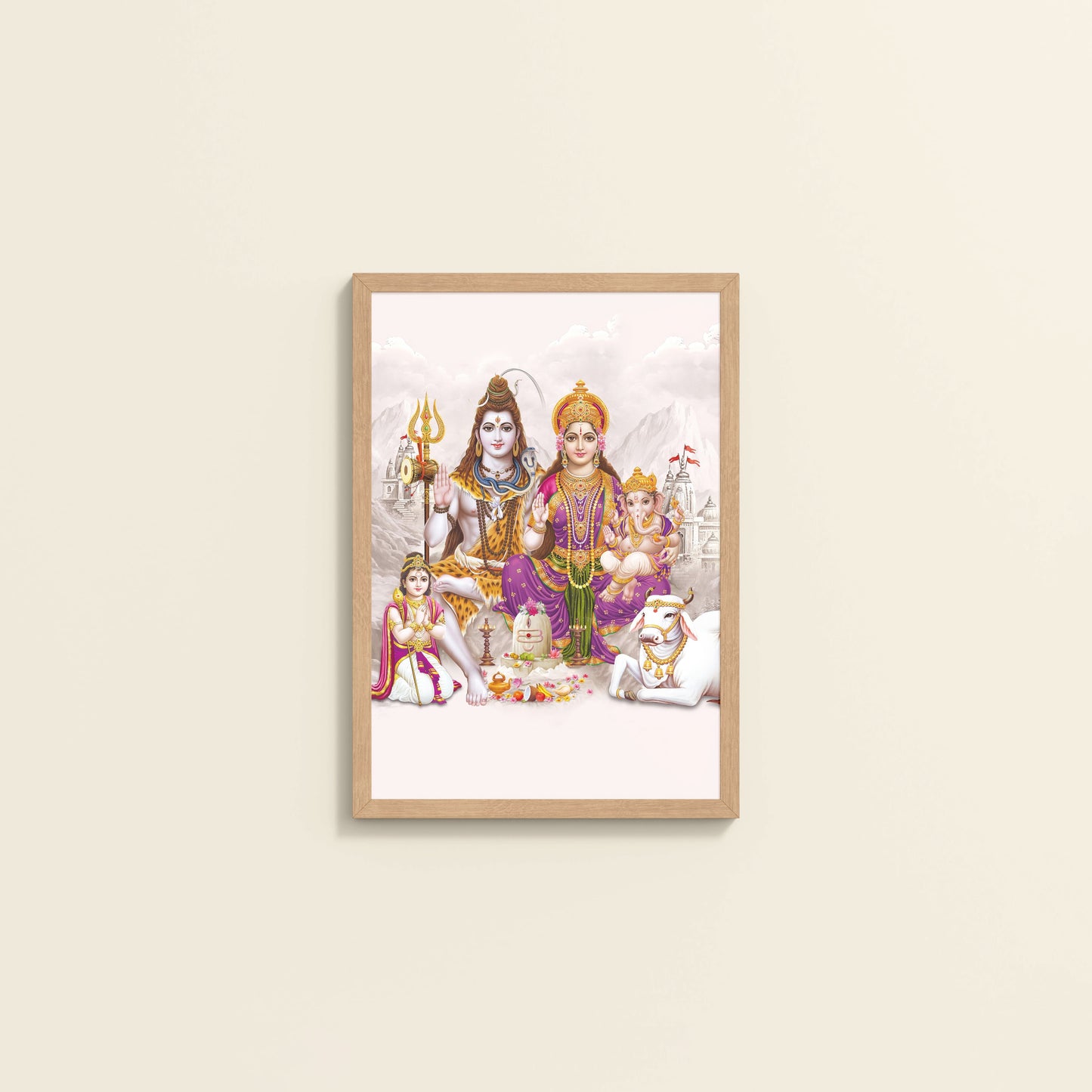 Wall View of Sacred Union – Divine Family Seated on Nandi Wall Art in Natrual Color Frame