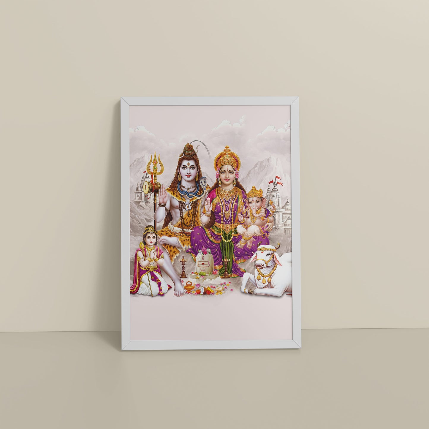 Floor View of Sacred Union – Divine Family Seated on Nandi Wall Art in White Color Frame