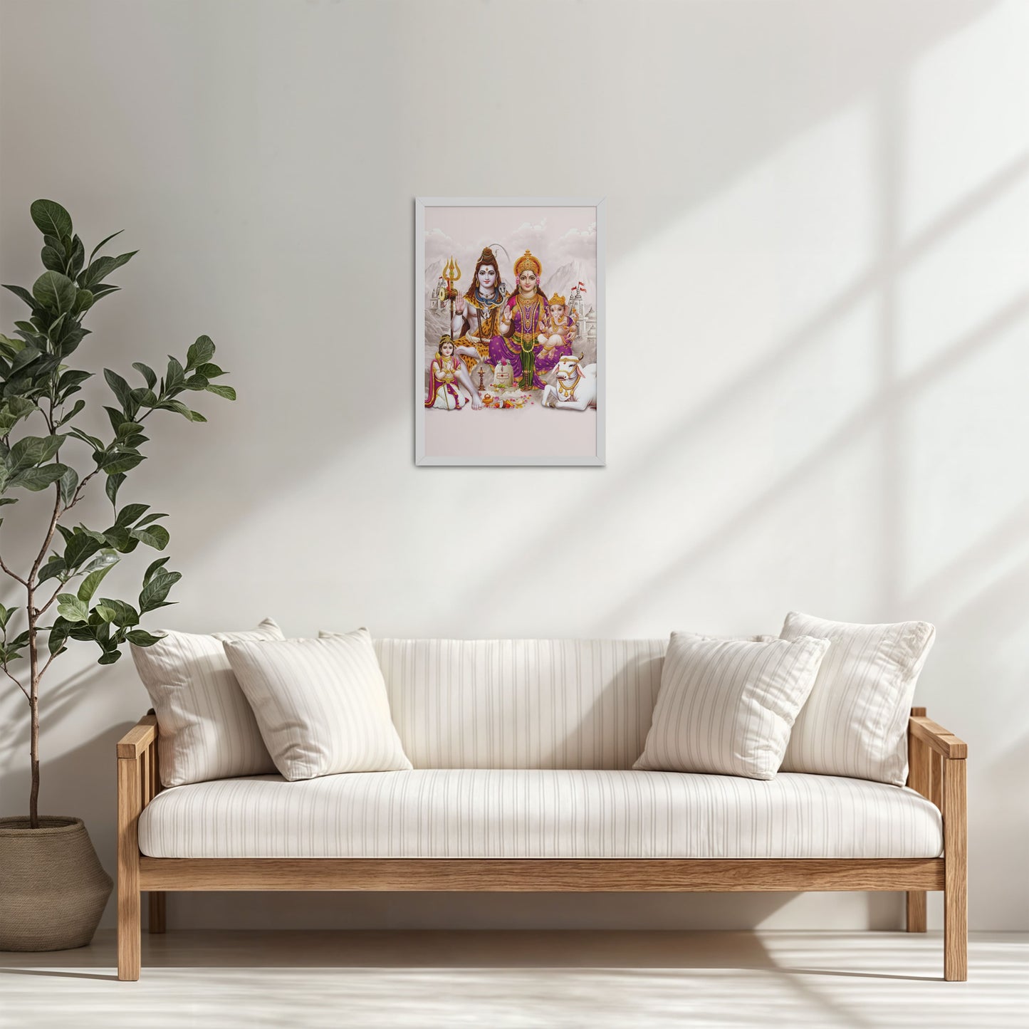 Living Room Cabinet Table Preview of Sacred Union – Divine Family Seated on Nandi Wall Art in White Color Frame