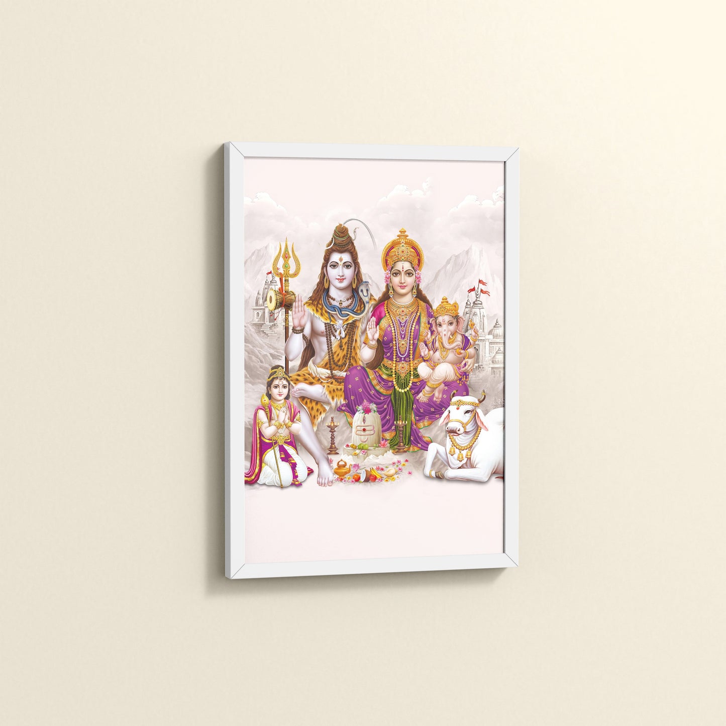 Side View of Sacred Union – Divine Family Seated on Nandi Wall Art in White Color Frame