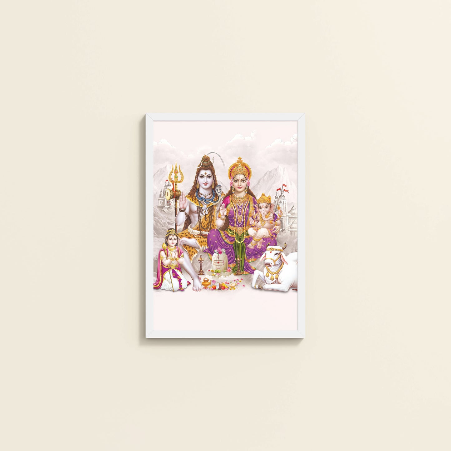 Wall View of Sacred Union – Divine Family Seated on Nandi Wall Art in White Color Frame
