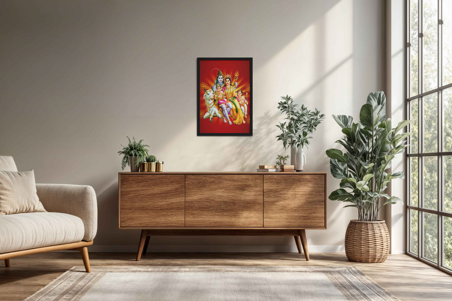 Living Room Cabinet Preview of Kapoor Gauram Mantra – Lord Shiva & Parvatimata Wall Art in Black Color Frame