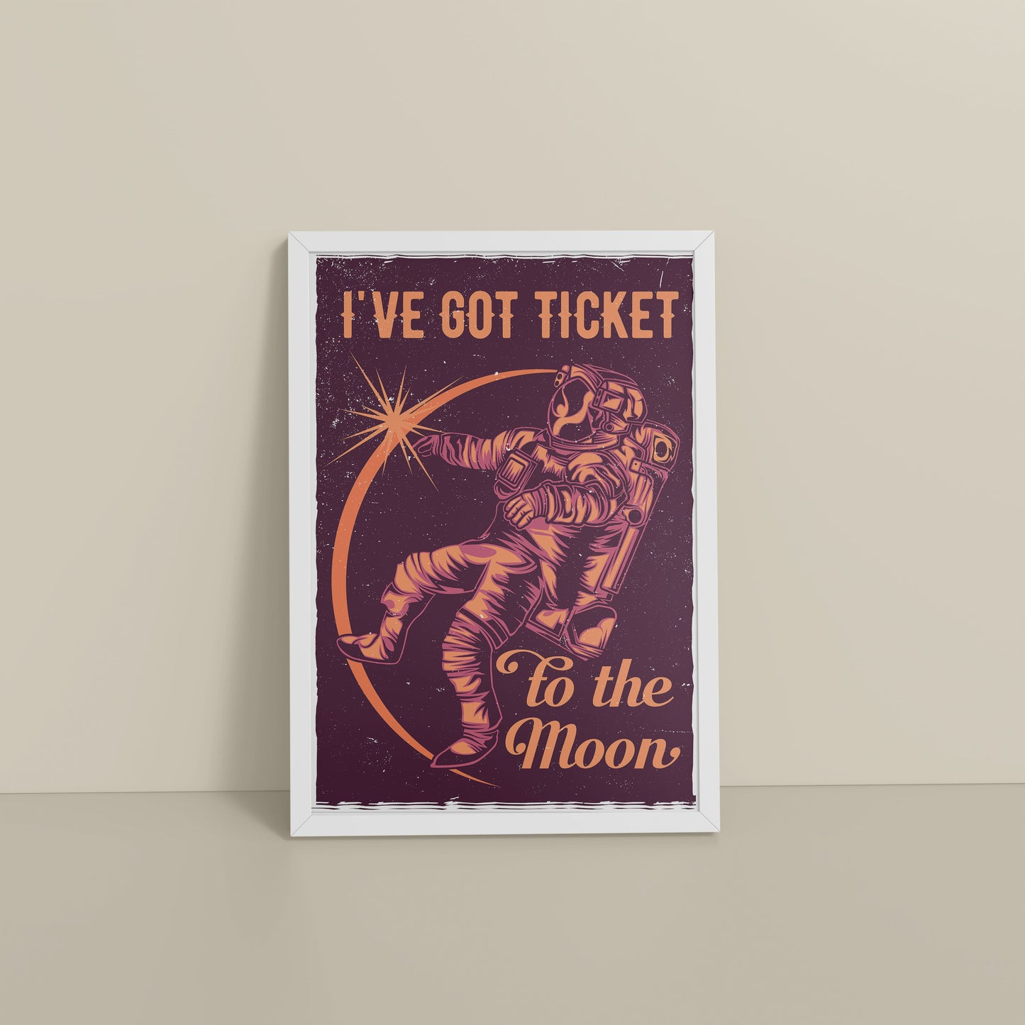 Floor View of I've Got a Ticket to the Moon – Wall Art Photo Frame & Decor in White Color Frame