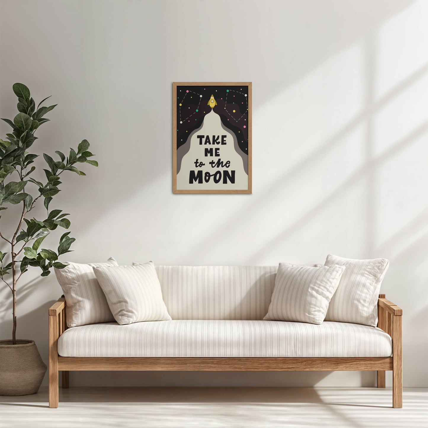 Living Room Cabinet Table Preview of Take Me to the Moon – Dreamy Quote Wall Art Frame in Natrual Color Frame