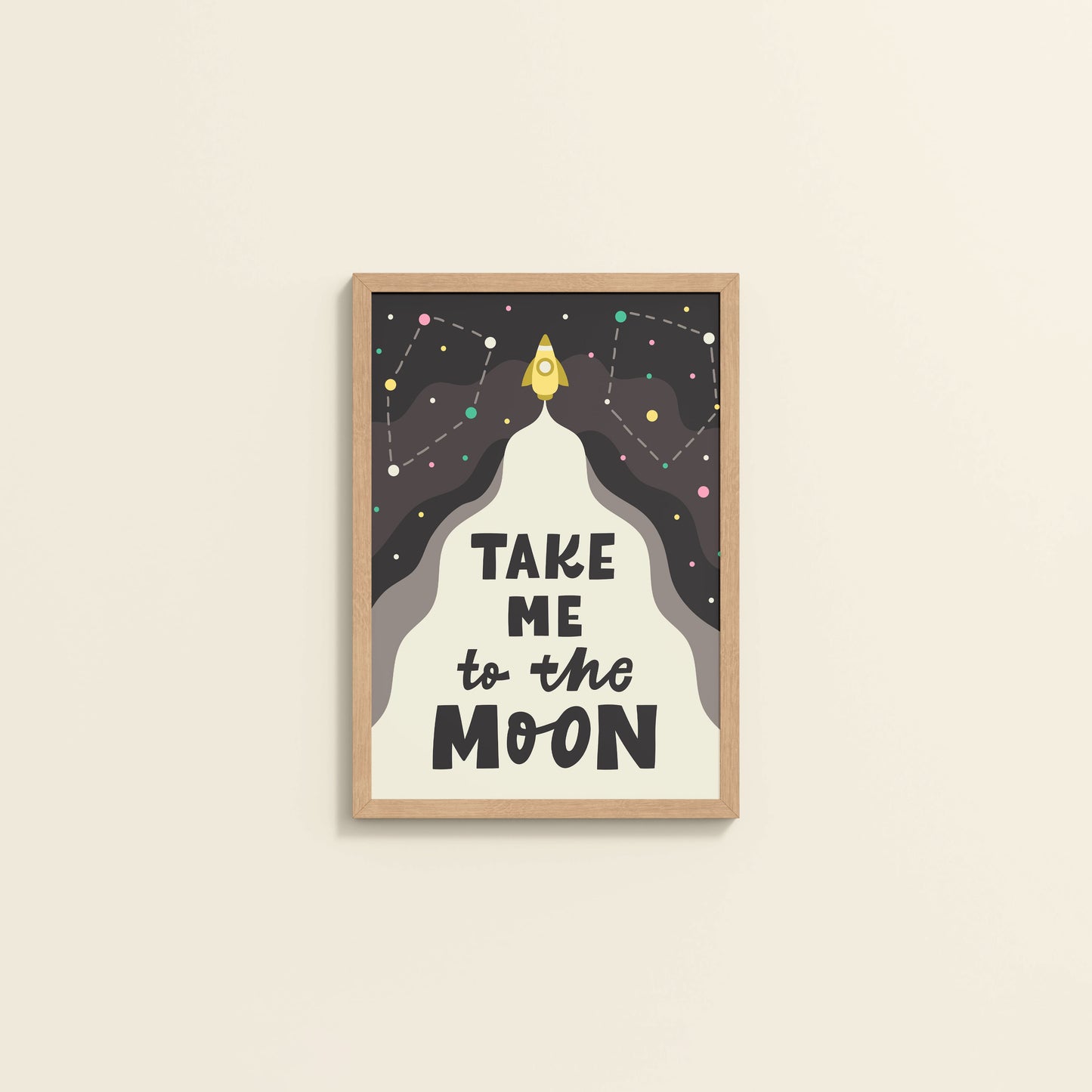 Wall View of Take Me to the Moon – Dreamy Quote Wall Art Frame in Natrual Color Frame