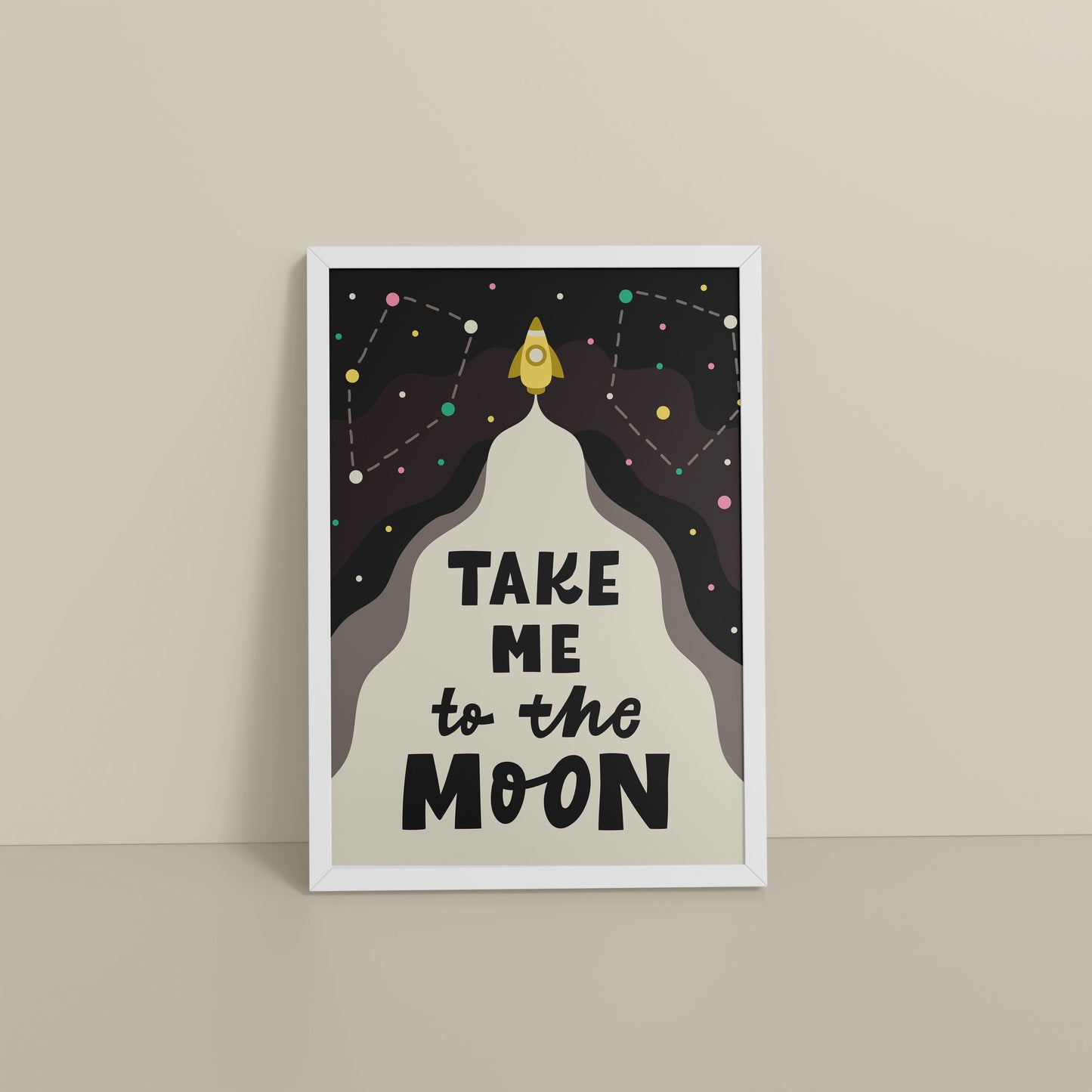 Floor View of Take Me to the Moon – Dreamy Quote Wall Art Frame in White Color Frame