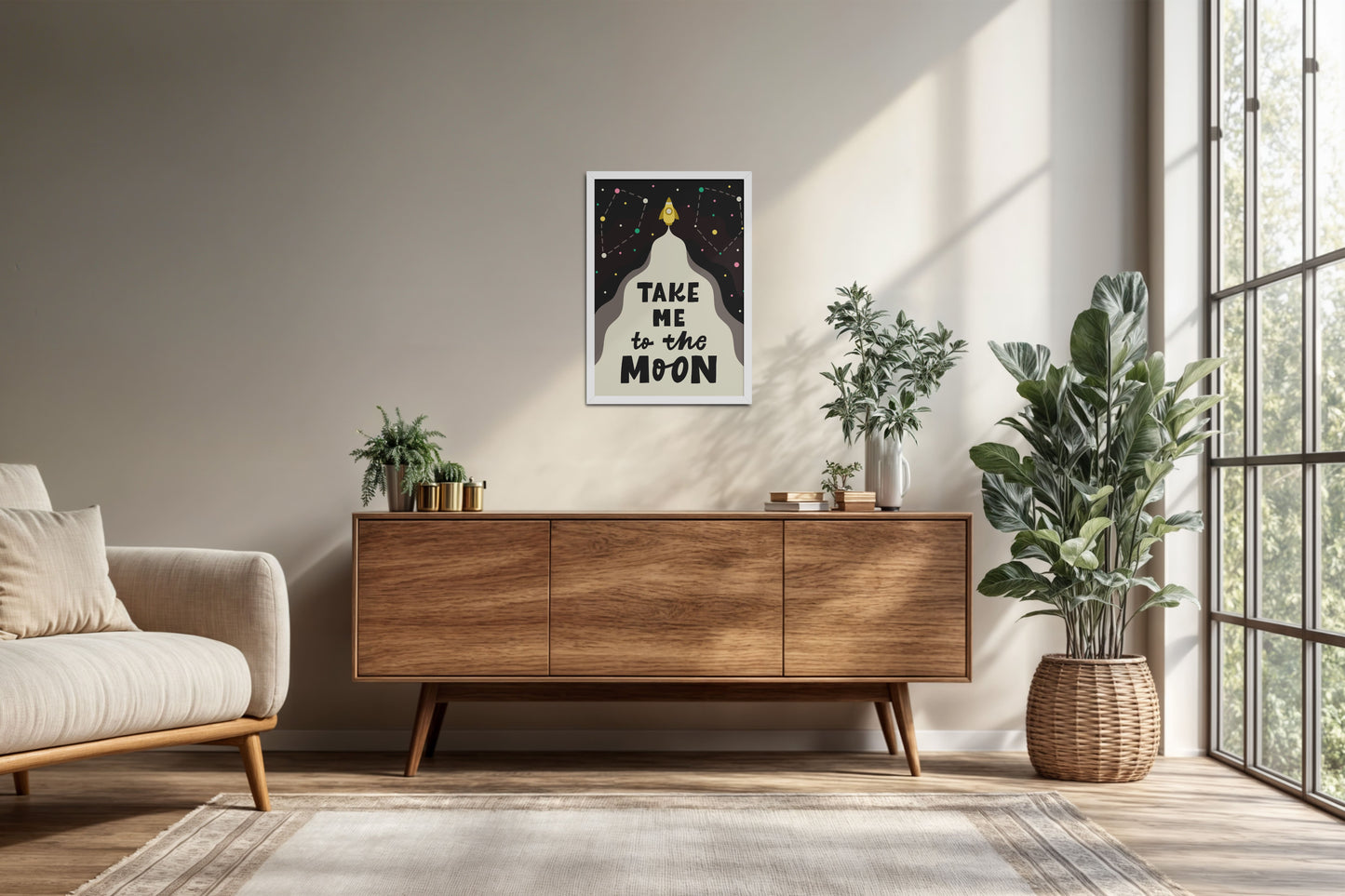 Living Room Cabinet Preview of Take Me to the Moon – Dreamy Quote Wall Art Frame in White Color Frame