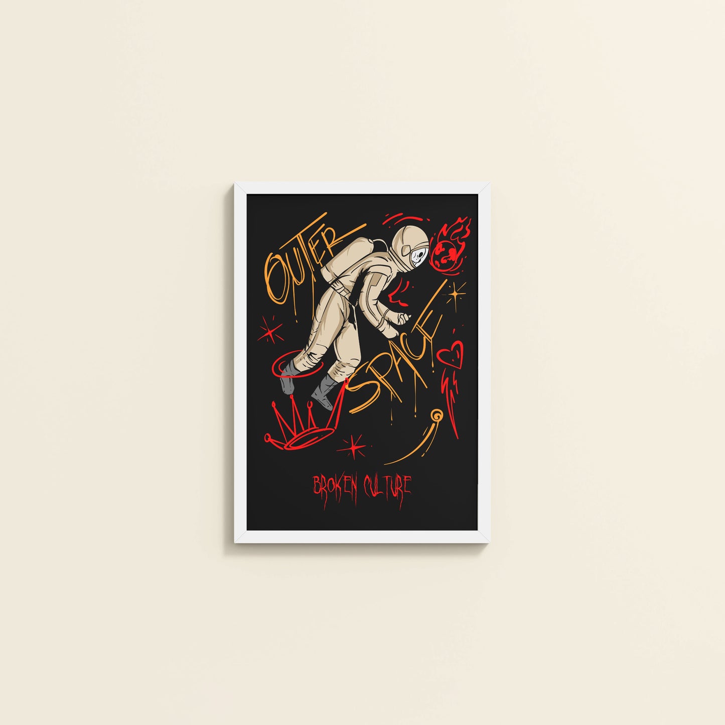 Wall View of Fractured Cosmos – Broken Culture Space Illustration Frame in White Color Frame