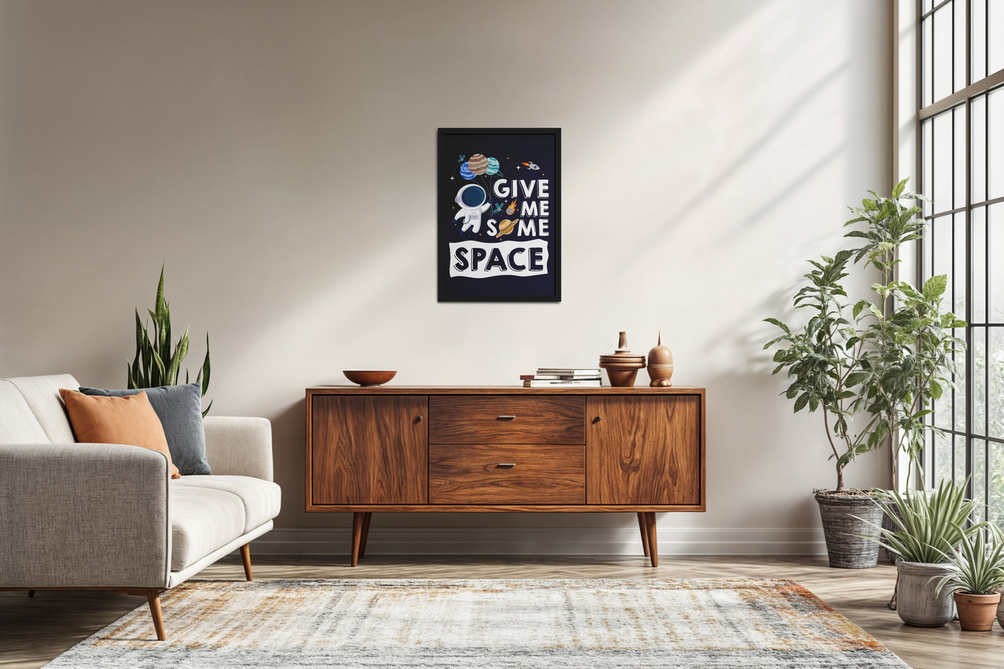 Living Room Sofa Preview of Give Me Some Space – Cosmic Wall Art Photo Frame in Black Color Frame